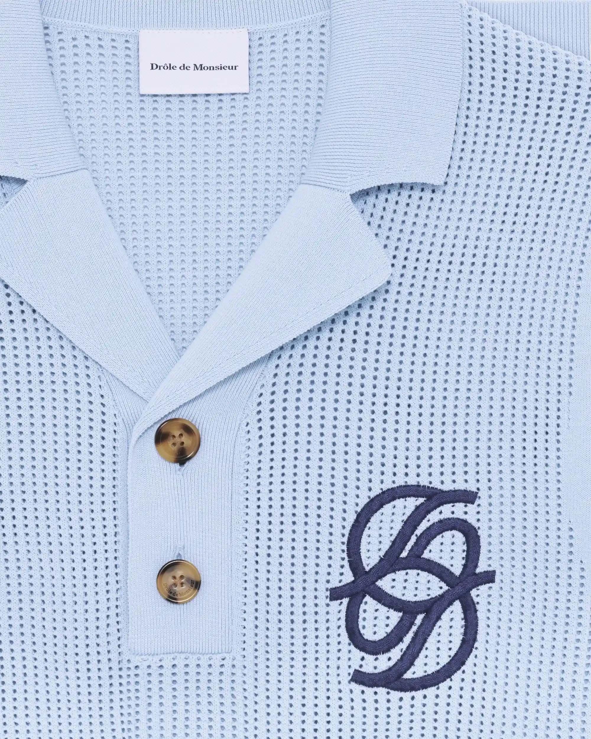 Drôle De Monsieur Polo Maille Monogramme Strickpolo Hellblau Baumwolle