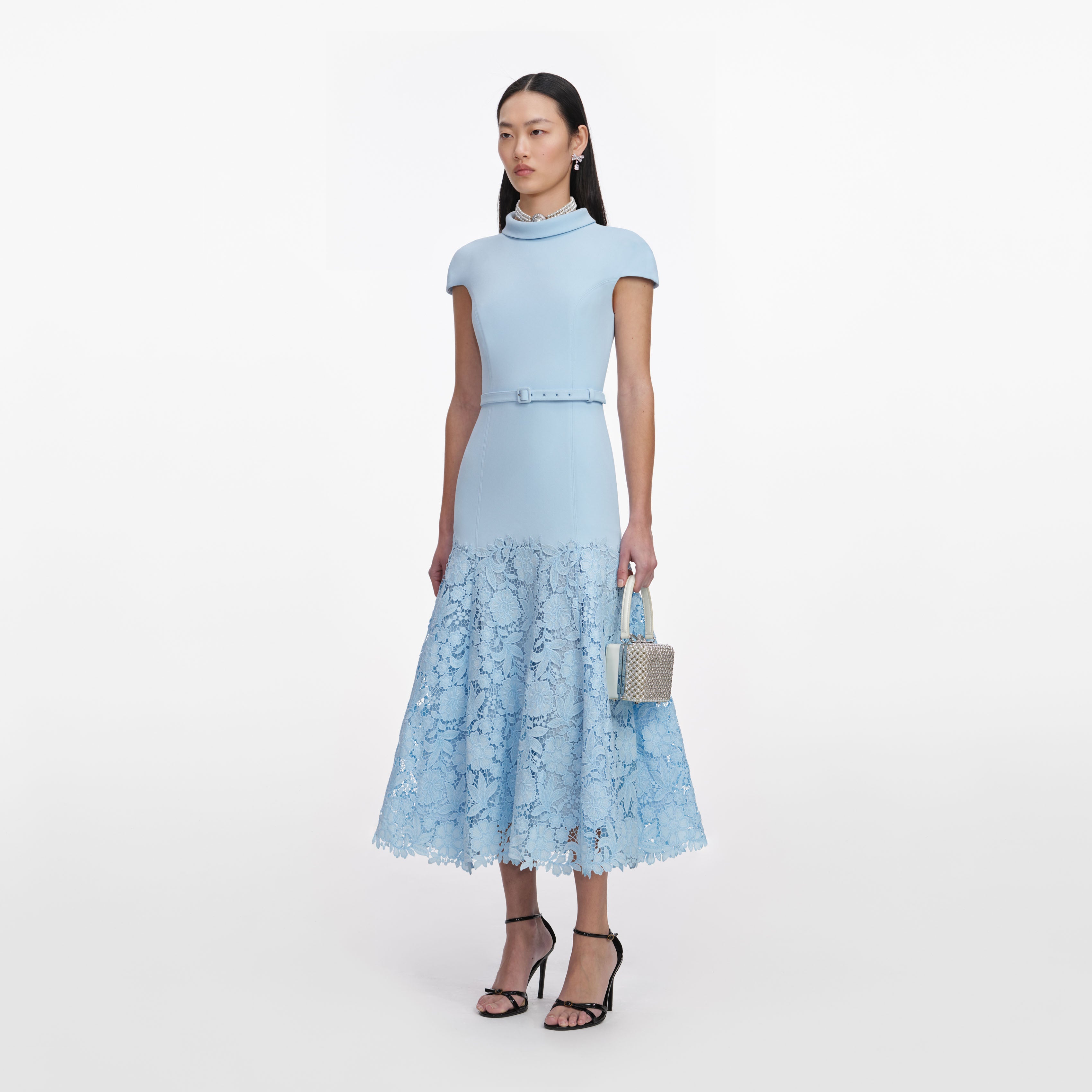 Self Portrait Blue Crepe Lace Midi Dress Kleid Blau UK 6 Spitze