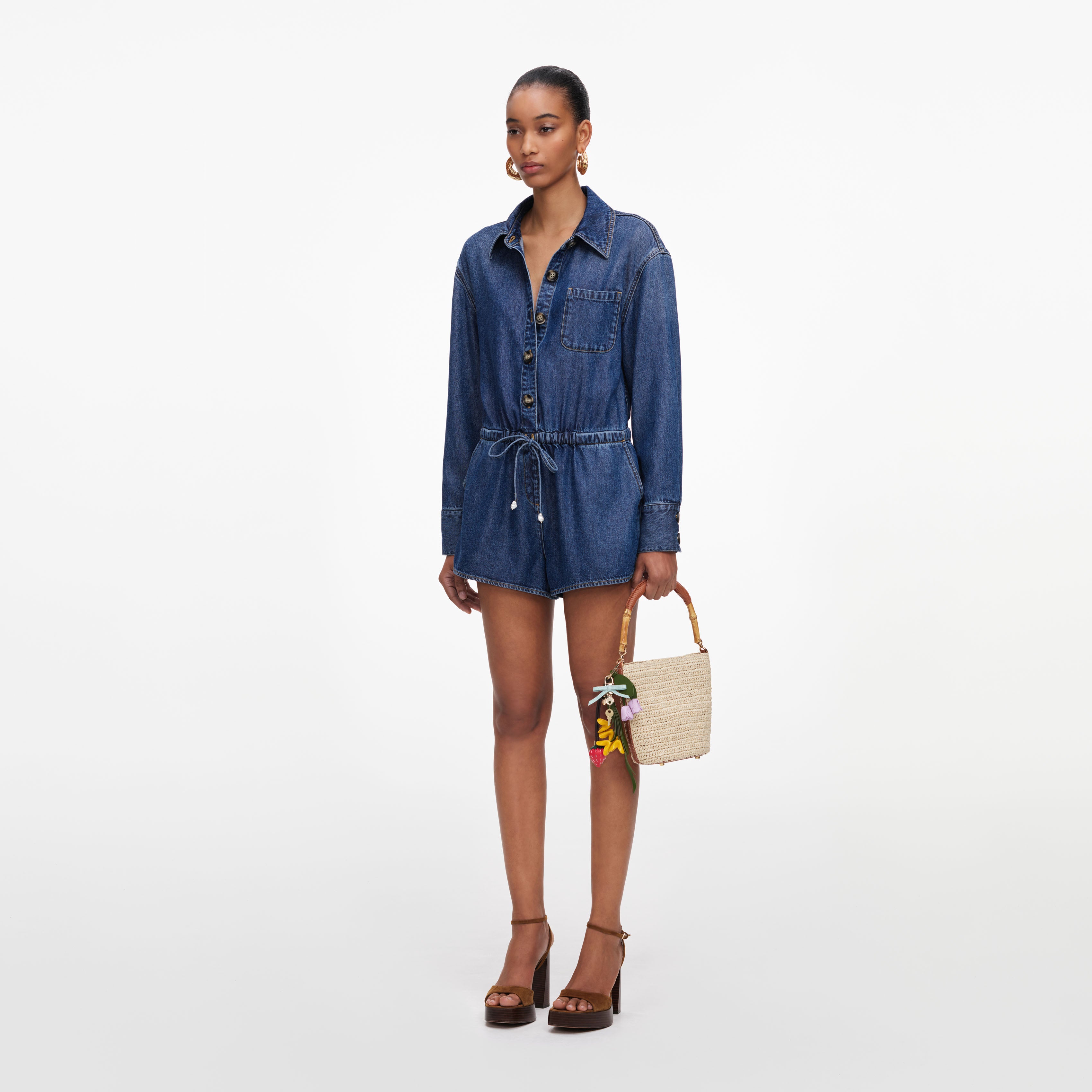 Self Portrait Denim Relaxed Fit Playsuit Jumpsuit Blau