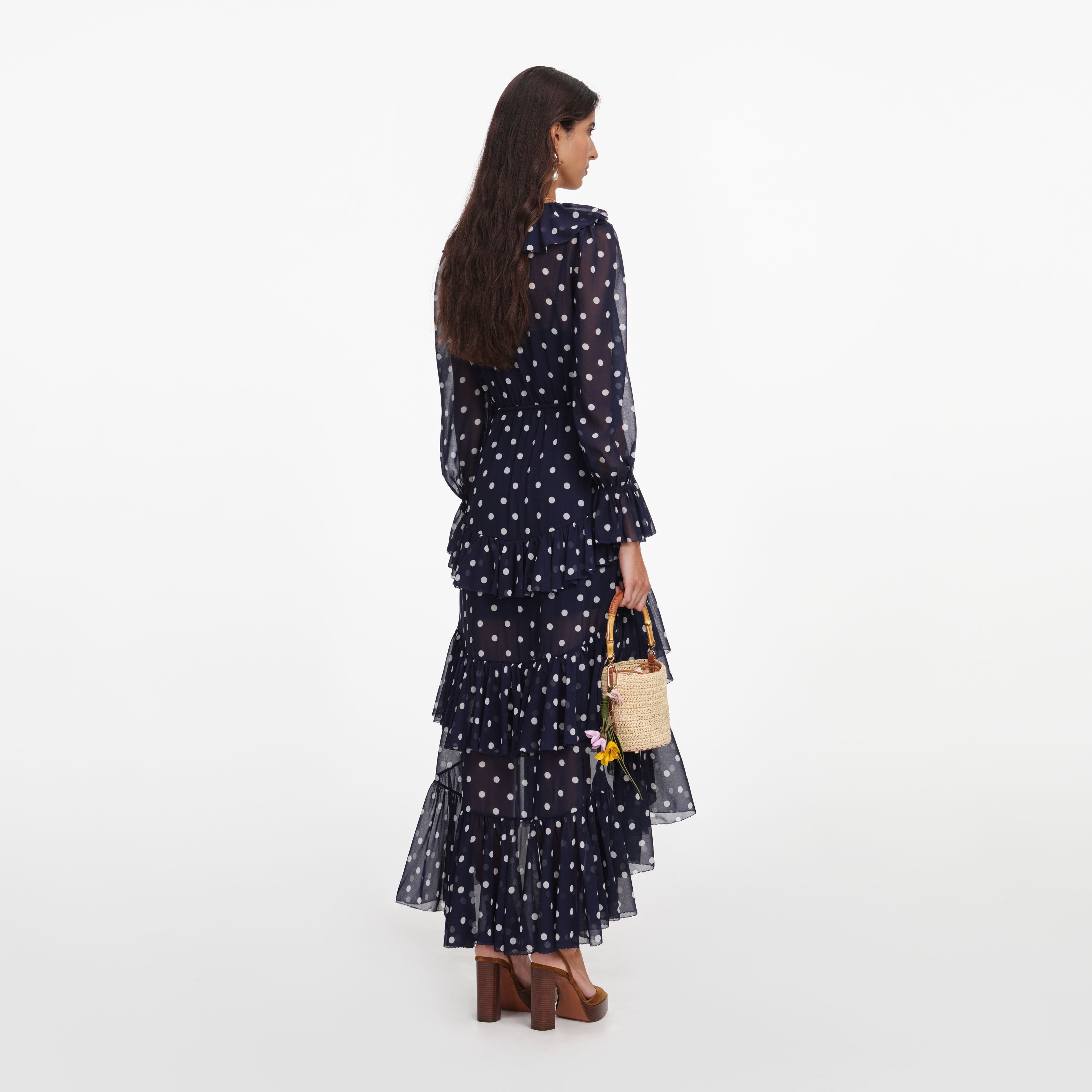 Self Portrait Polka Dot Georgette Maxikleid Navy Punkte