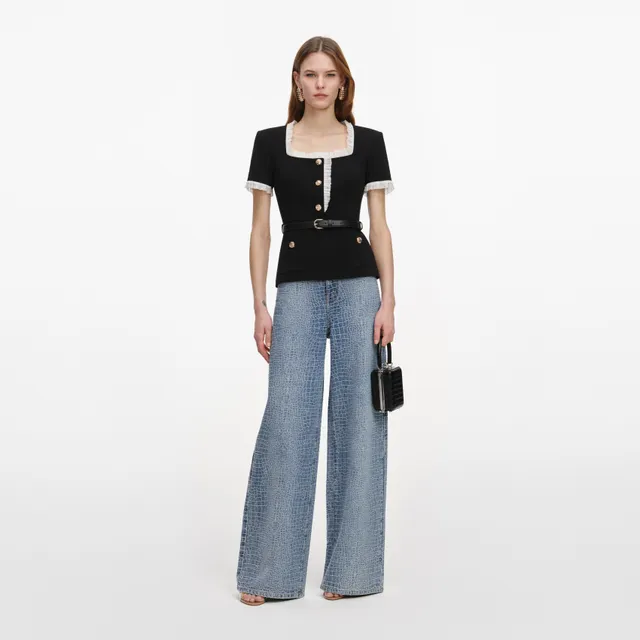 Self Portrait Black Crepe Contrast Frill Top Bluse Schwarz