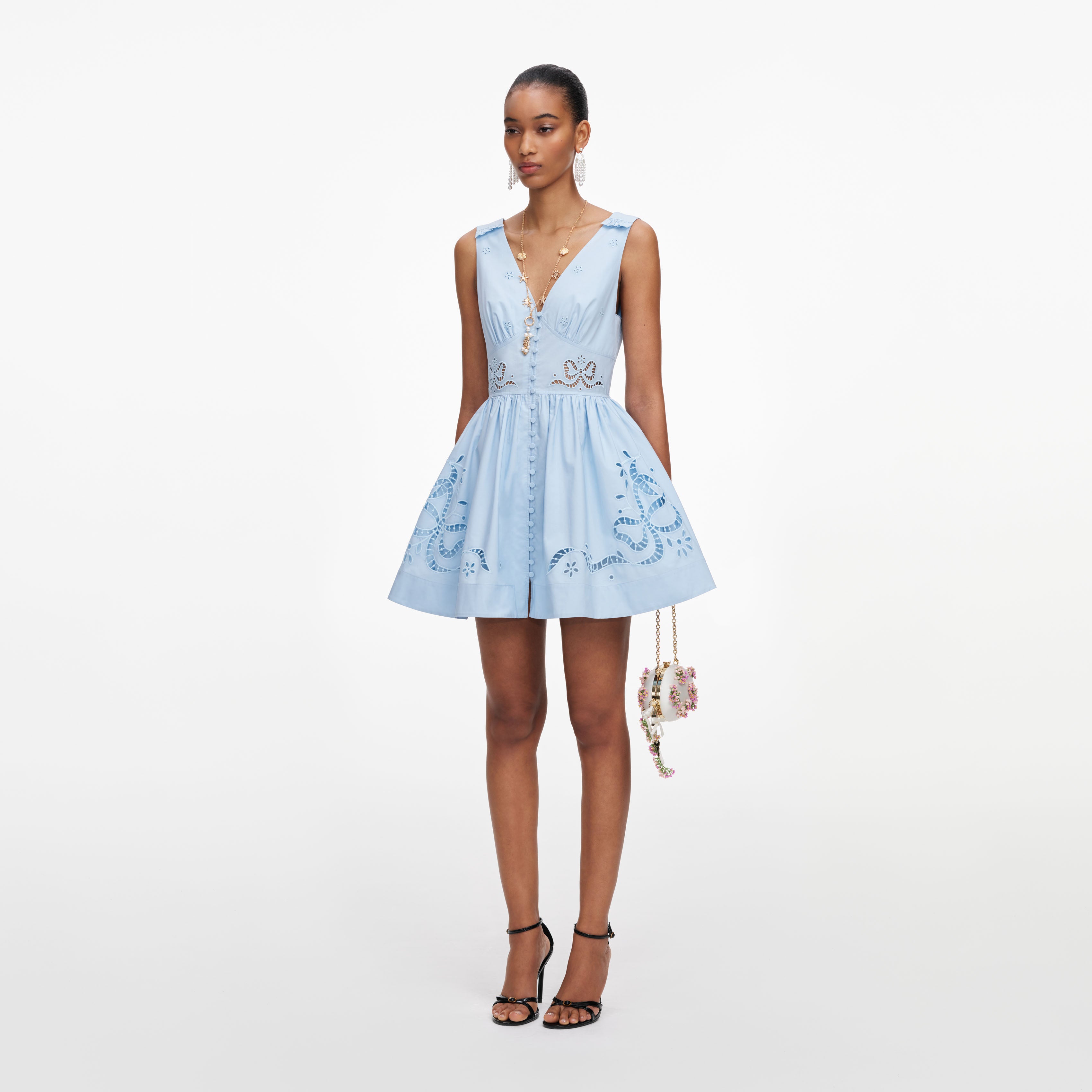 Self Portrait Blue Cotton Minikleid blau Stickerei UK 8