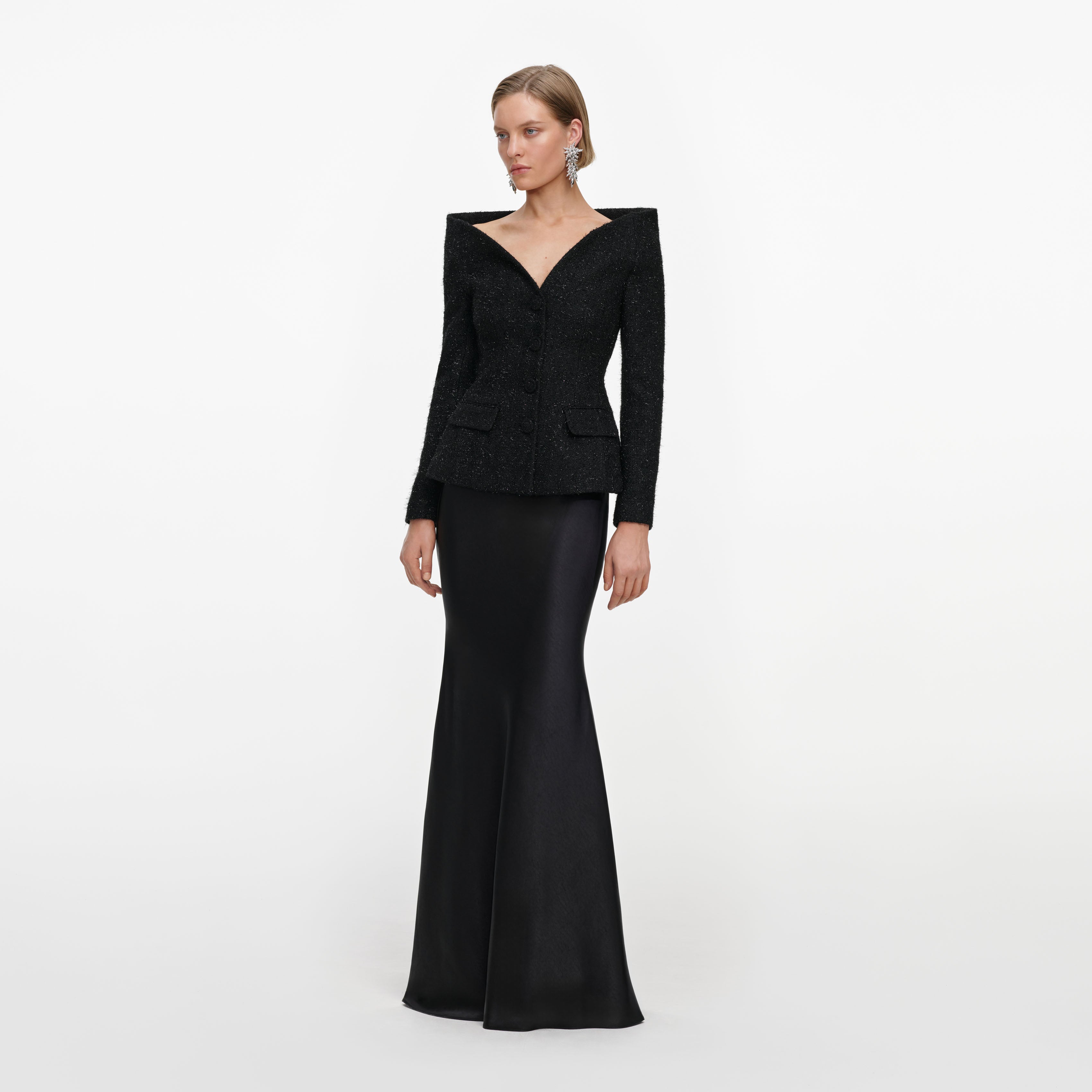 Self-Portrait Black Metallic Boucle Maxikleid Schwarz Satin