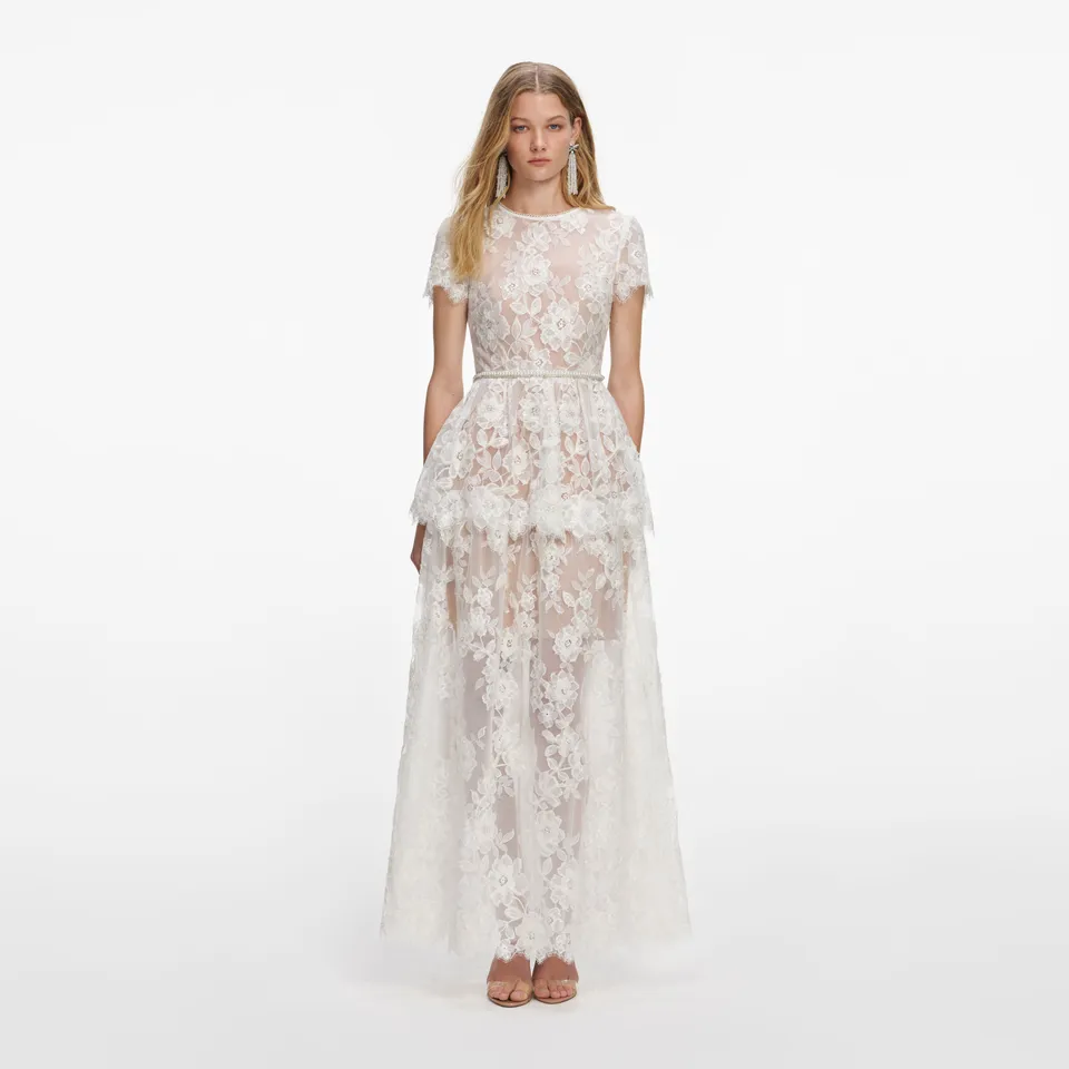 Self Portrait Sequin Lace Maxi Kleid Weiß Spitze