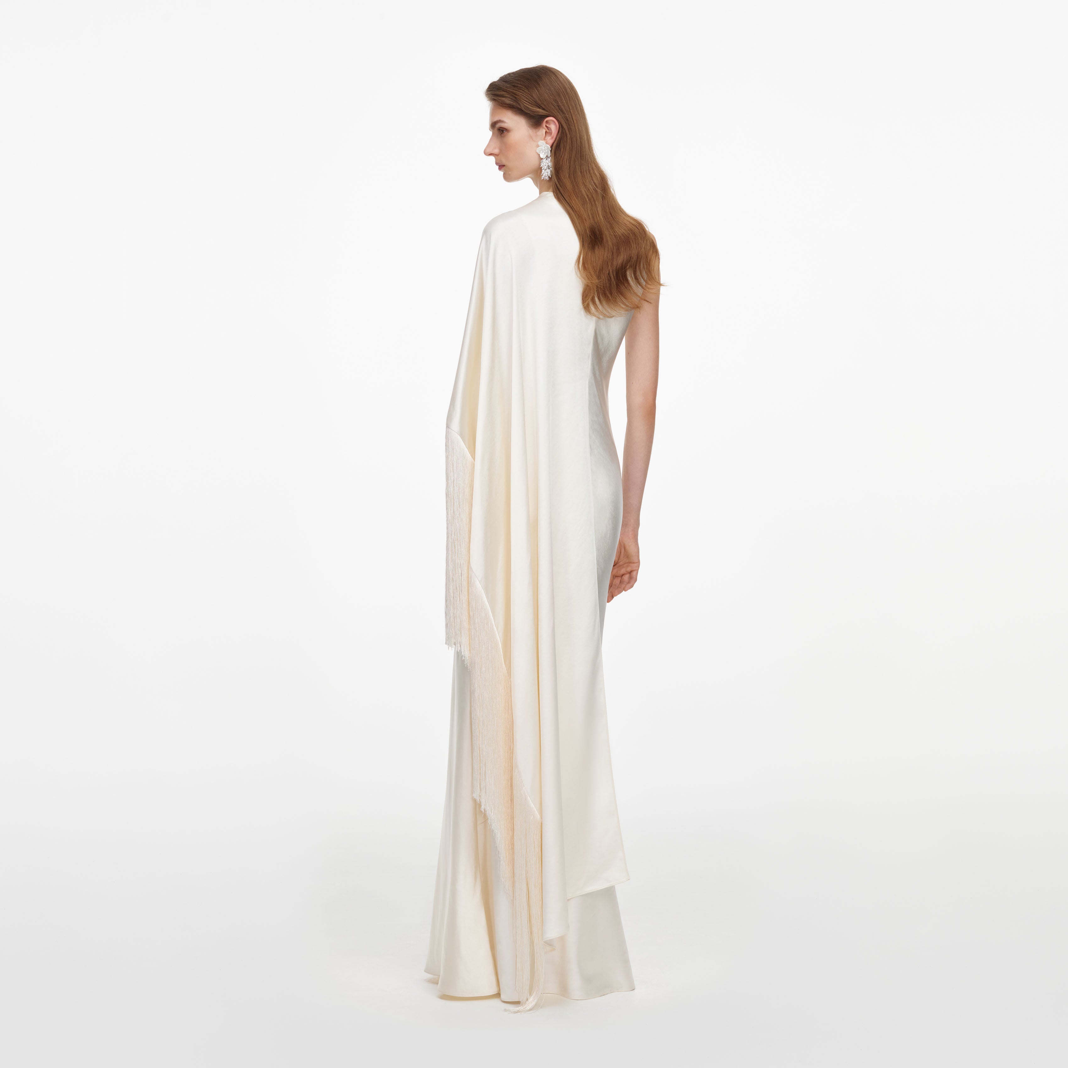 Self Portrait Dresses Cream Satin Fringed Maxi Kleid Creme UK 8