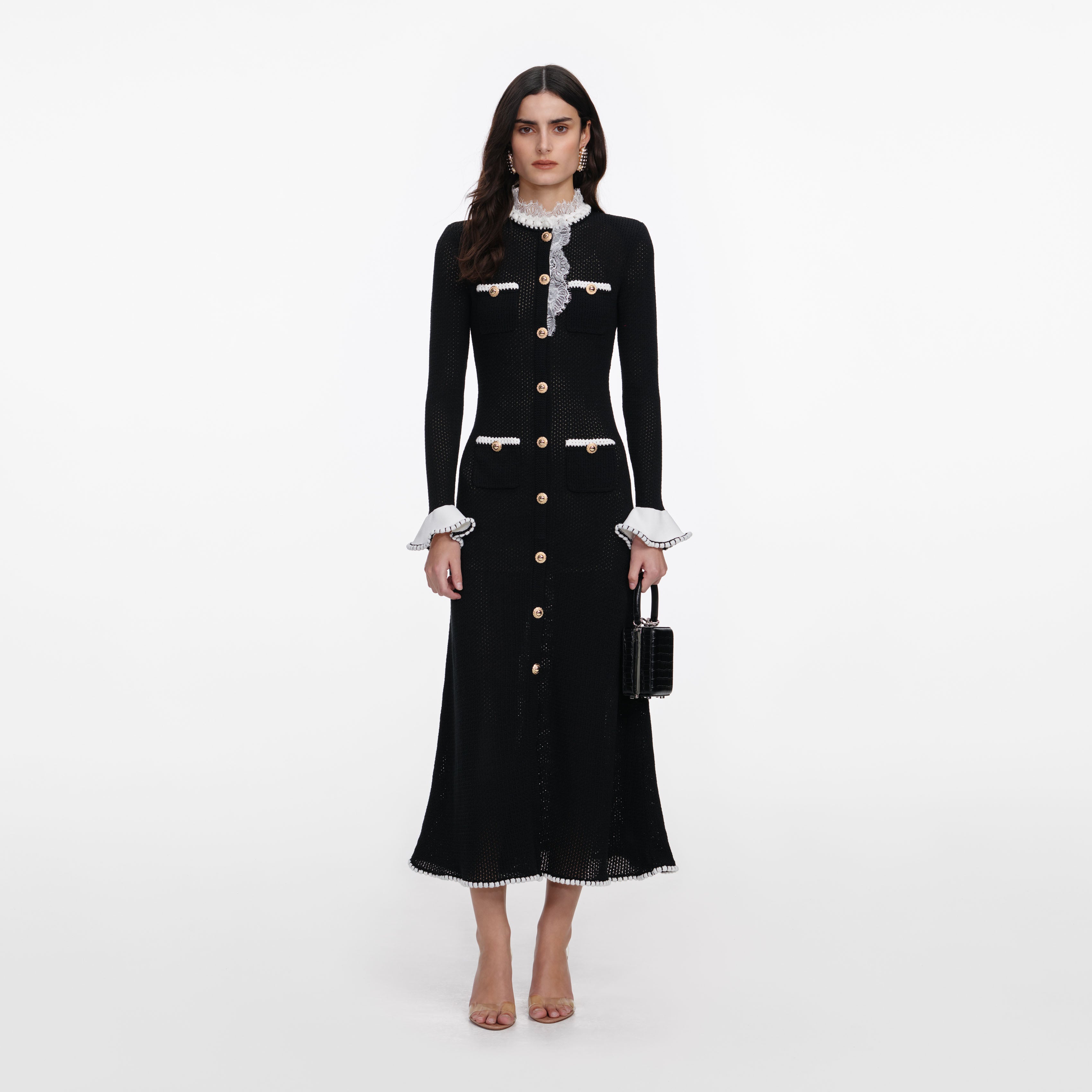 Self Portrait Black Lace Trim Knit Midi Dress Strickkleid schwarz