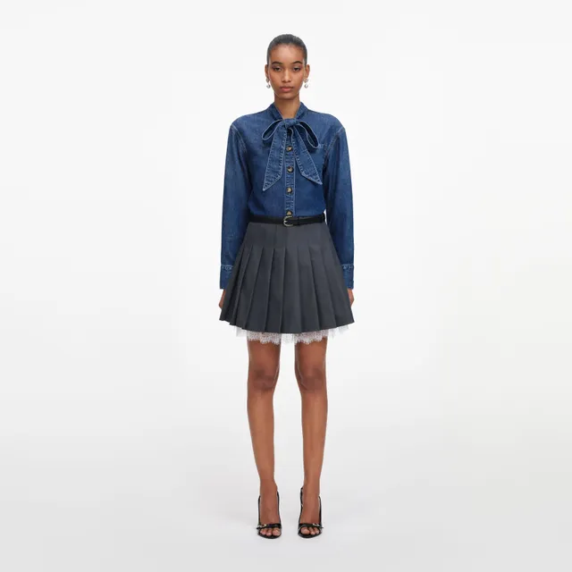 Self Portrait Denim Tie Neck Shirt Denimhemd Blau Schleife