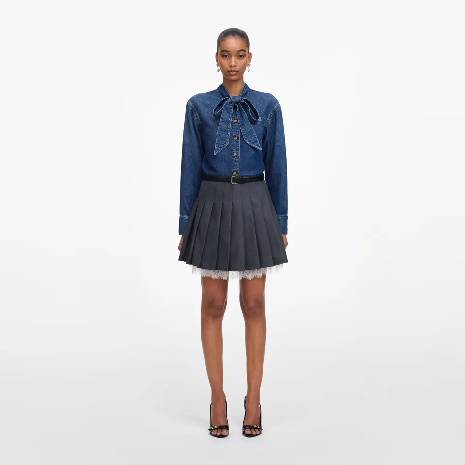 Self Portrait Denim Tie Neck Shirt Denimhemd Blau Schleife