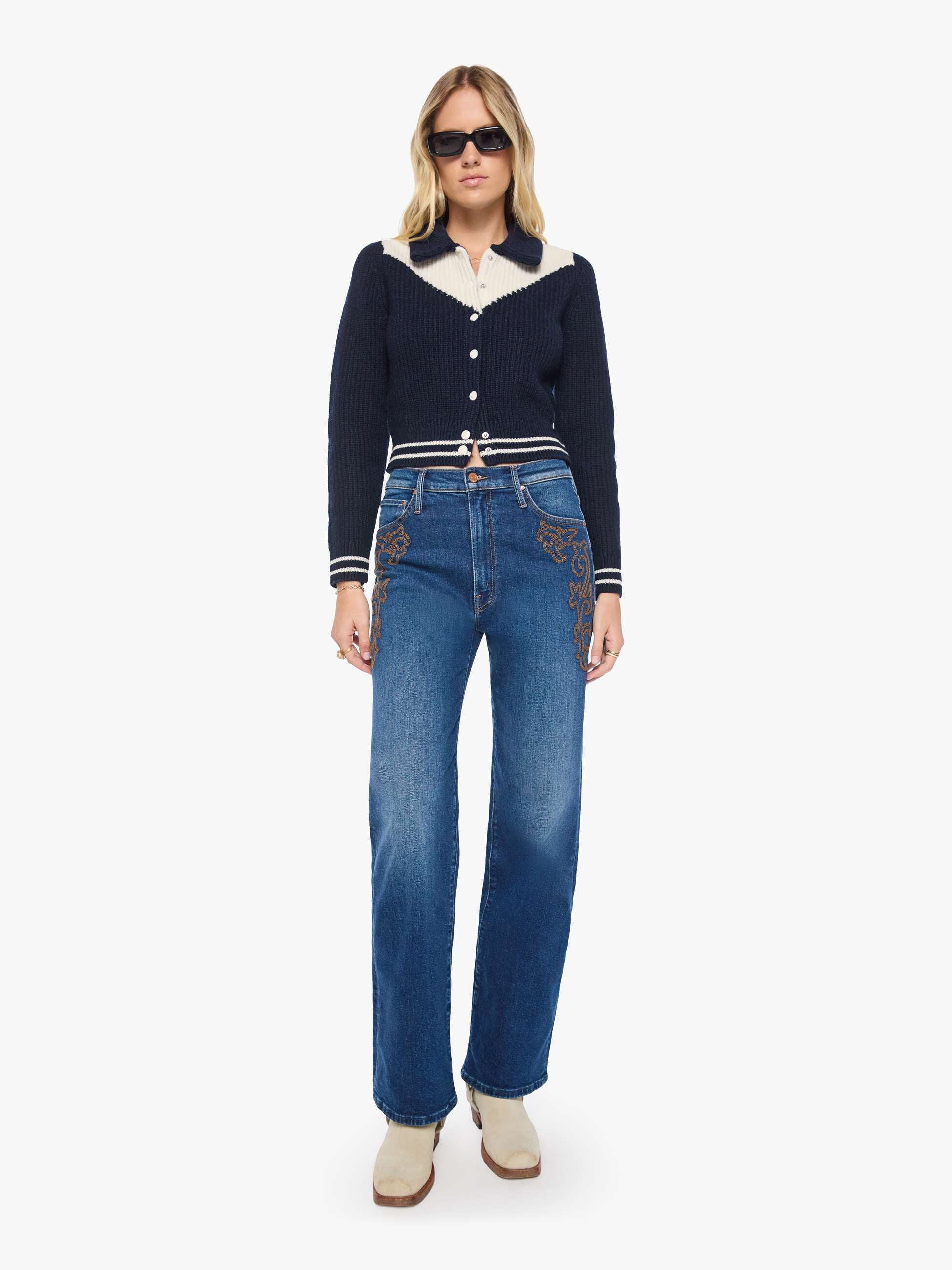 Mother Sweaters The Baby Raquette Cardigan Strickjacke Navy Ivory