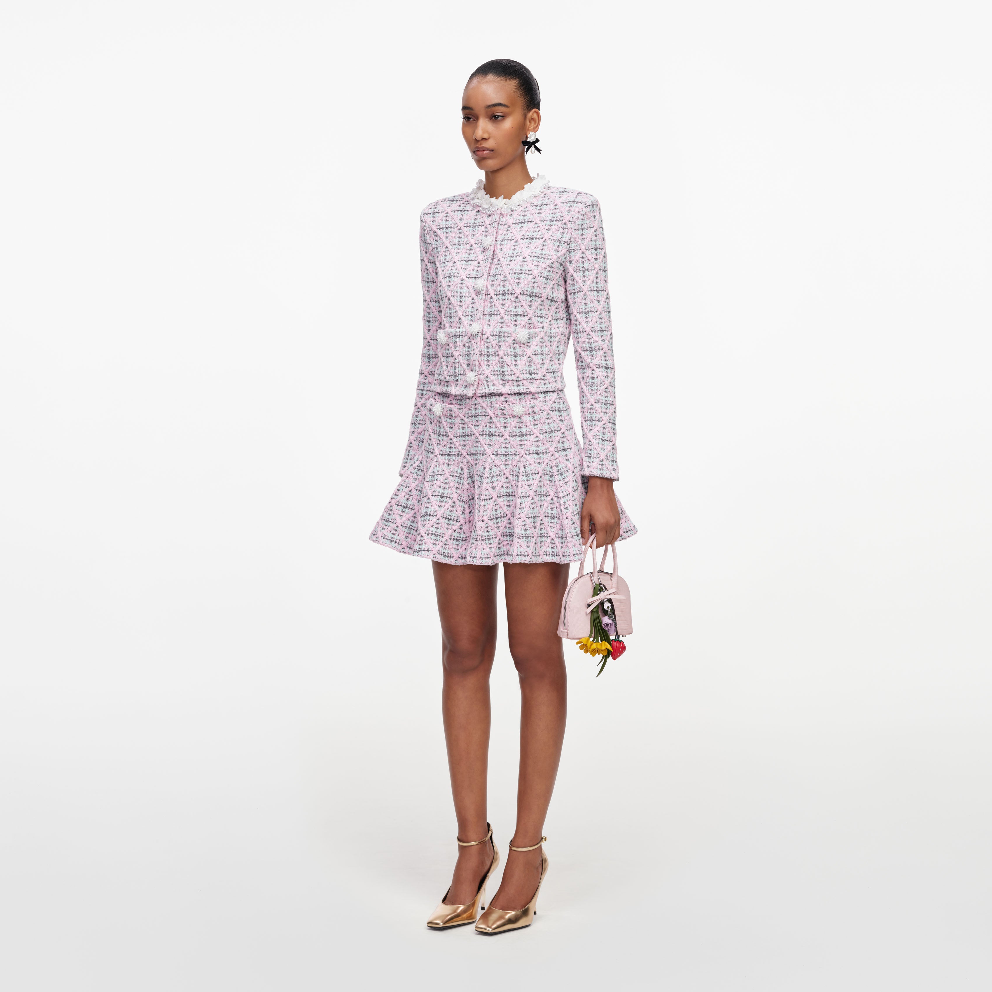 Self Portrait Pink Check Knit Cardigan Strickjacke Rosa