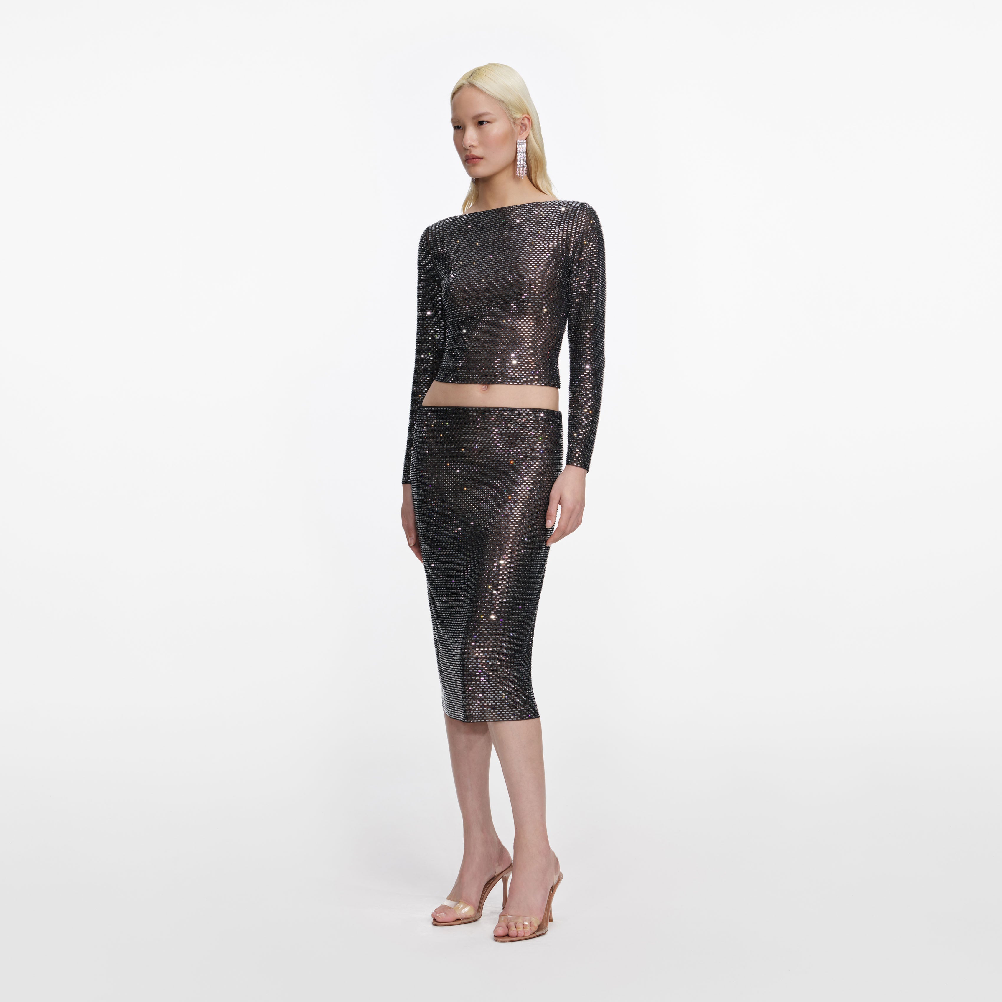 Self Portrait Rhinestone Midi-Rock Gunmetal Strass