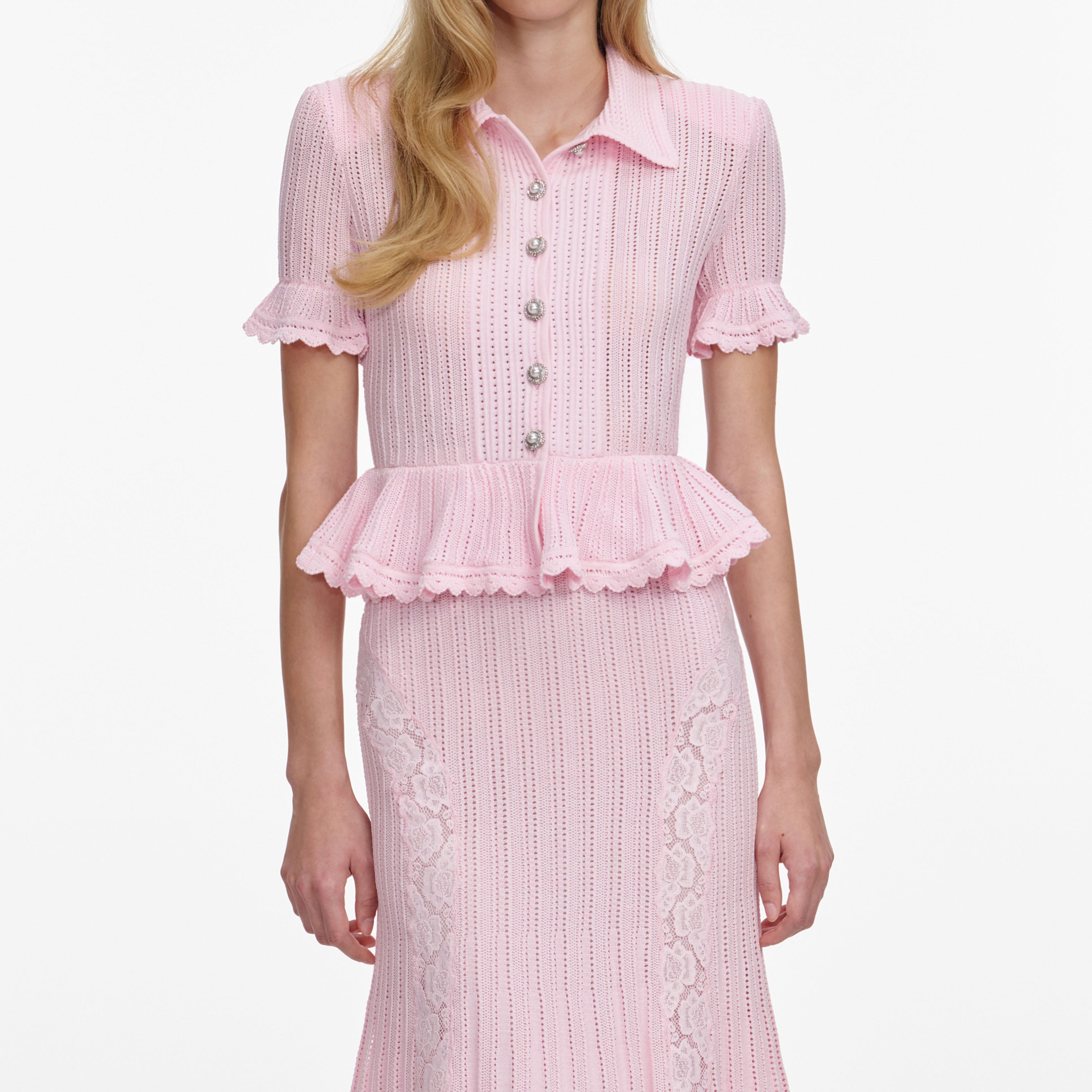 Self Portrait Pink Pointelle Peplum Knit Midi Dress Strickkleid Rosa