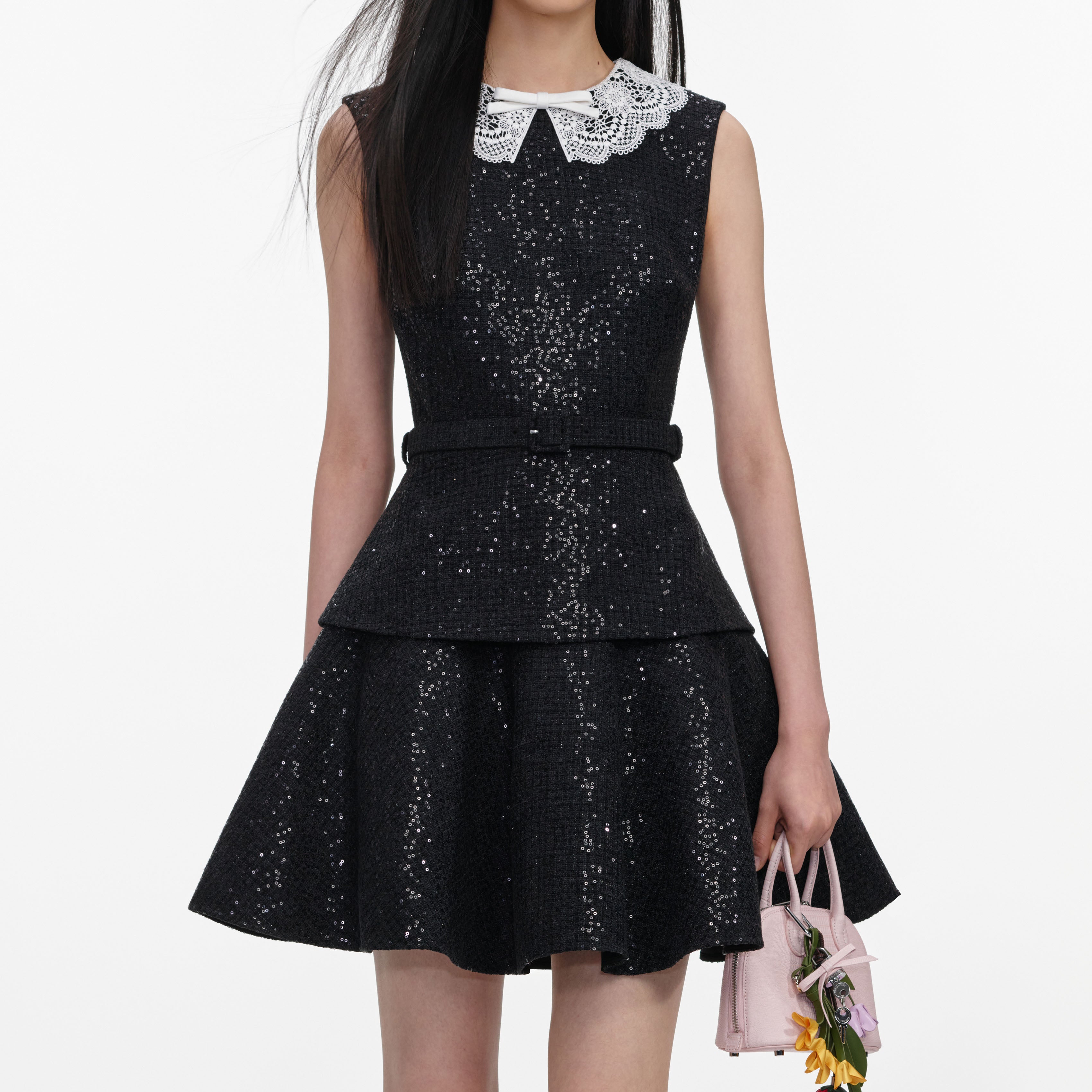 Self Portrait Sequin Boucle Minikleid Schwarz Pailletten