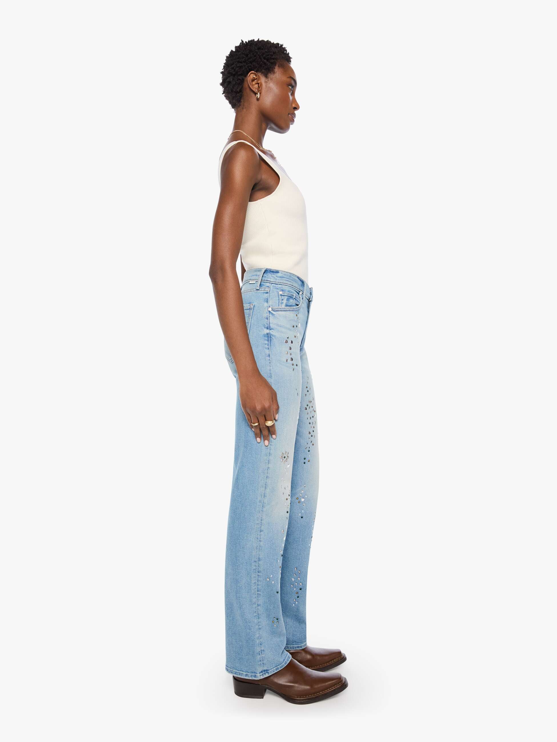 Mother The Kick It Shooting Stars Straight Jeans Strass