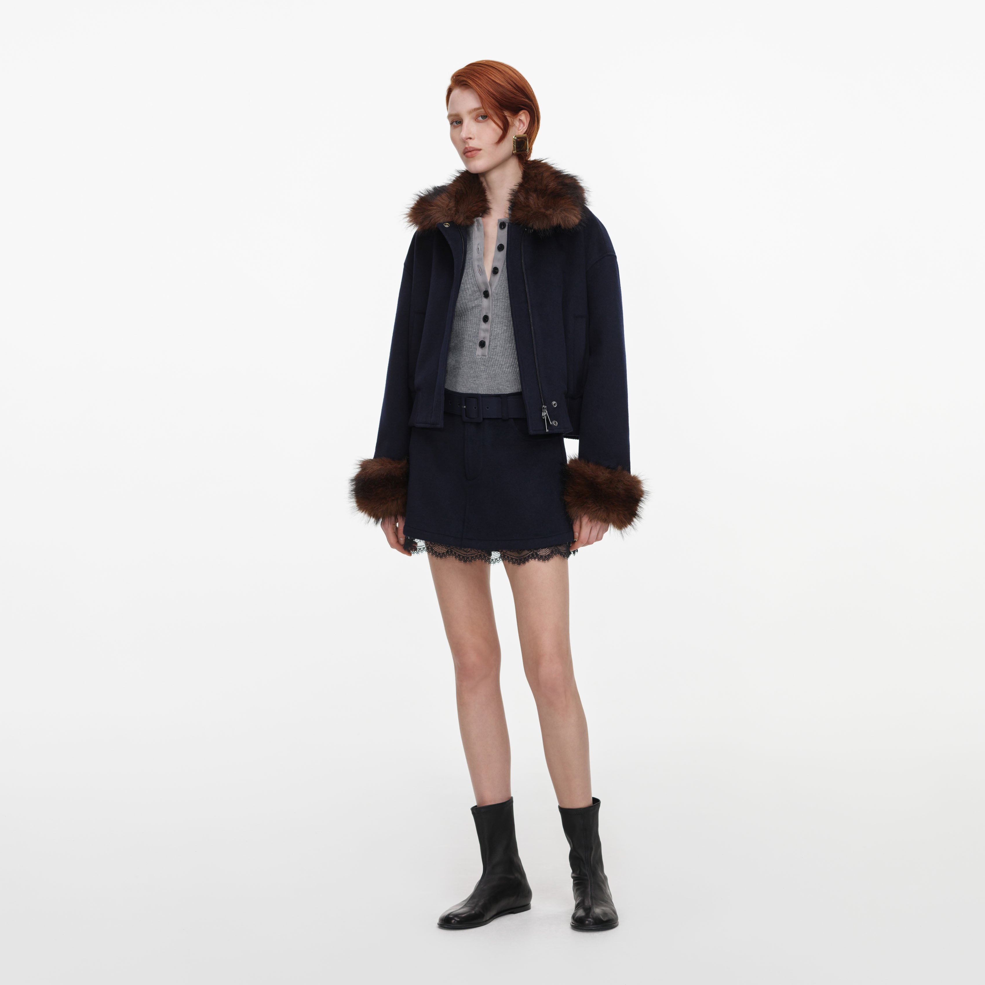 Self Portrait Navy Wool Fur Trim Jacket Jacke Blau Wolle
