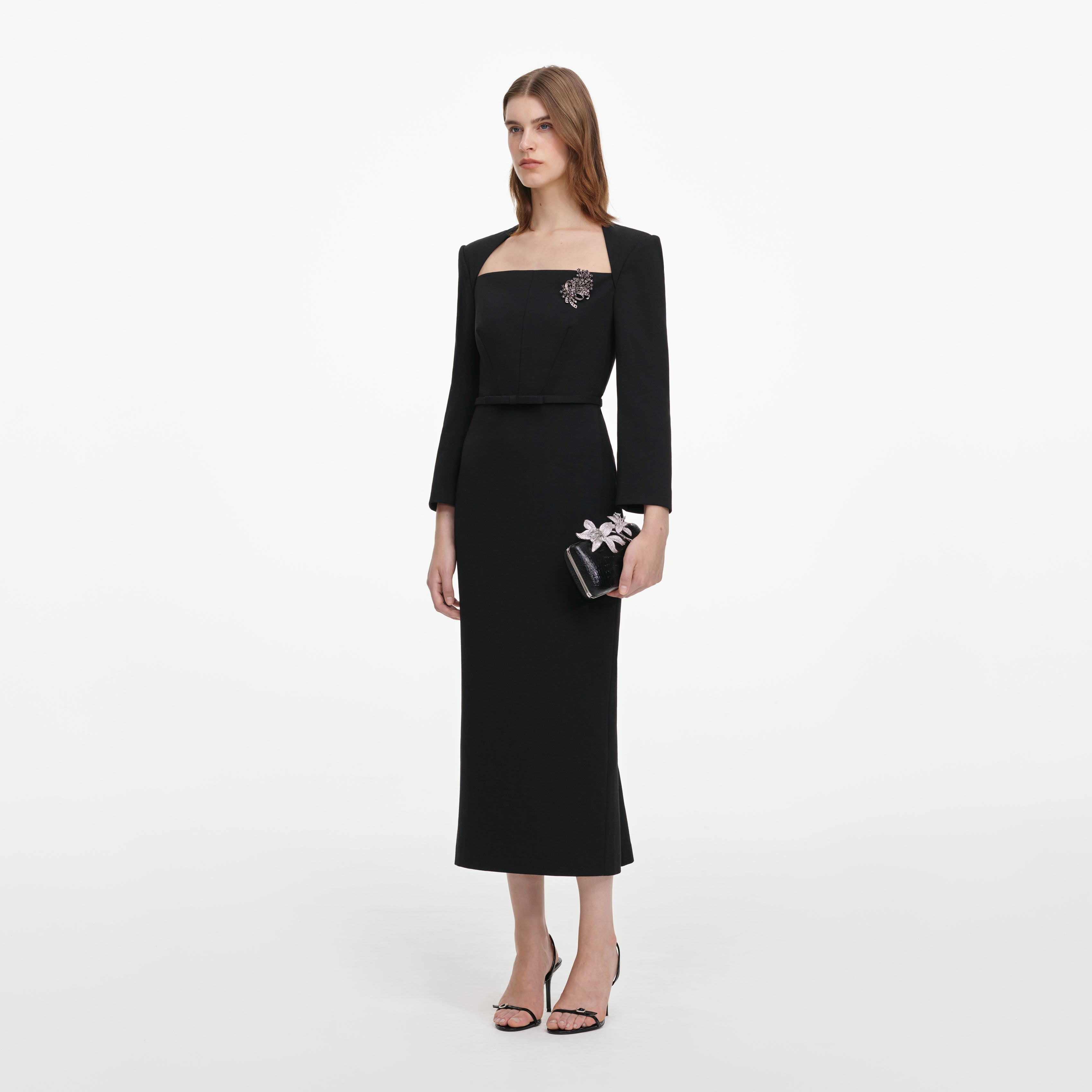 Self Portrait Black Tailored Brooch Midi Kleid Schwarz Wolle