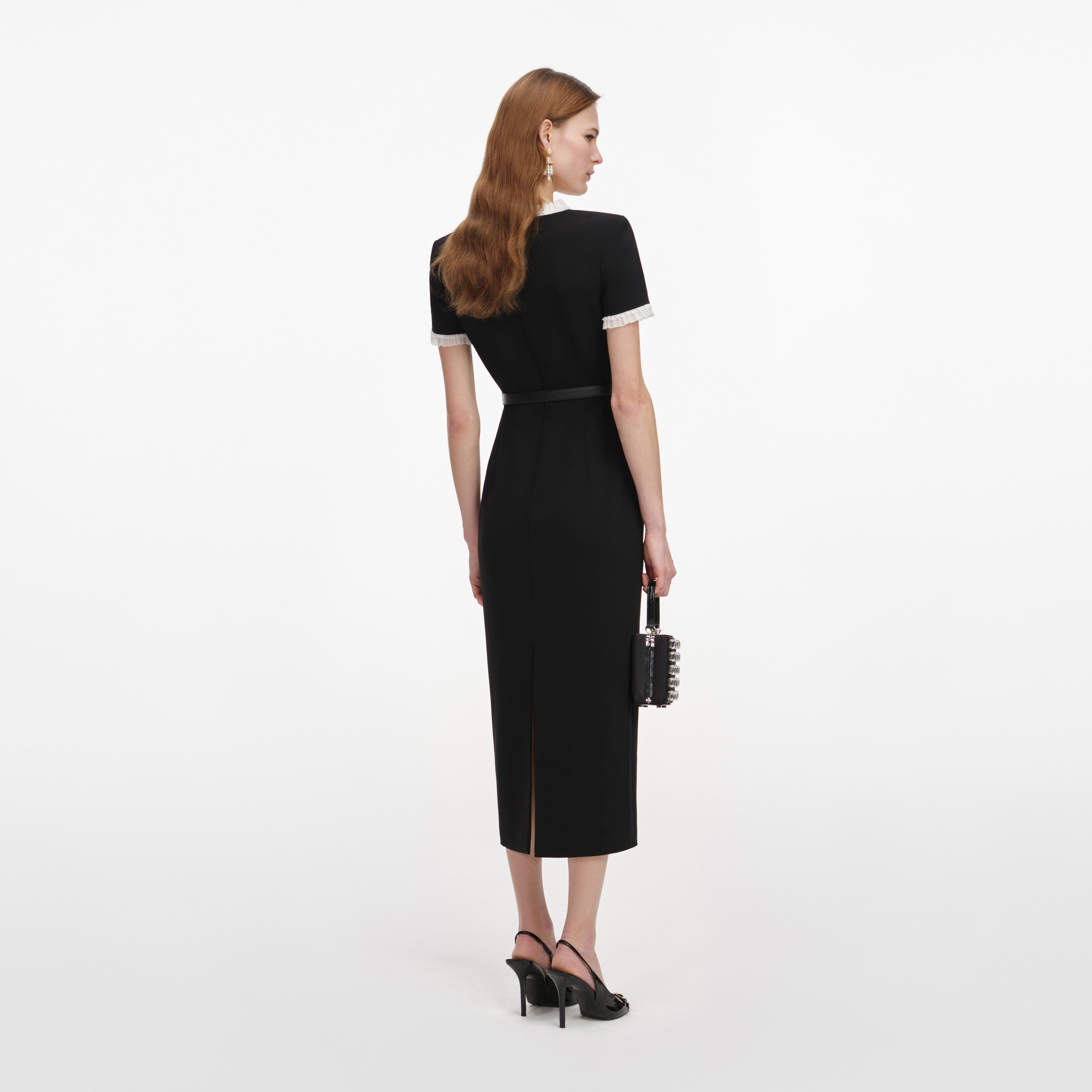 Self Portrait Black Crepe Contrast Frill Midi Kleid Schwarz