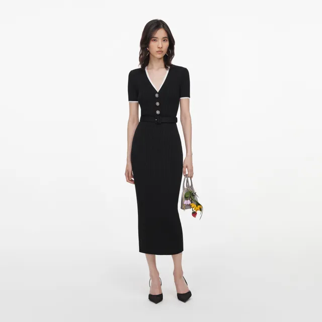 Self Portrait Black Rib Knit Midi Dress Kleid Schwarz Strick