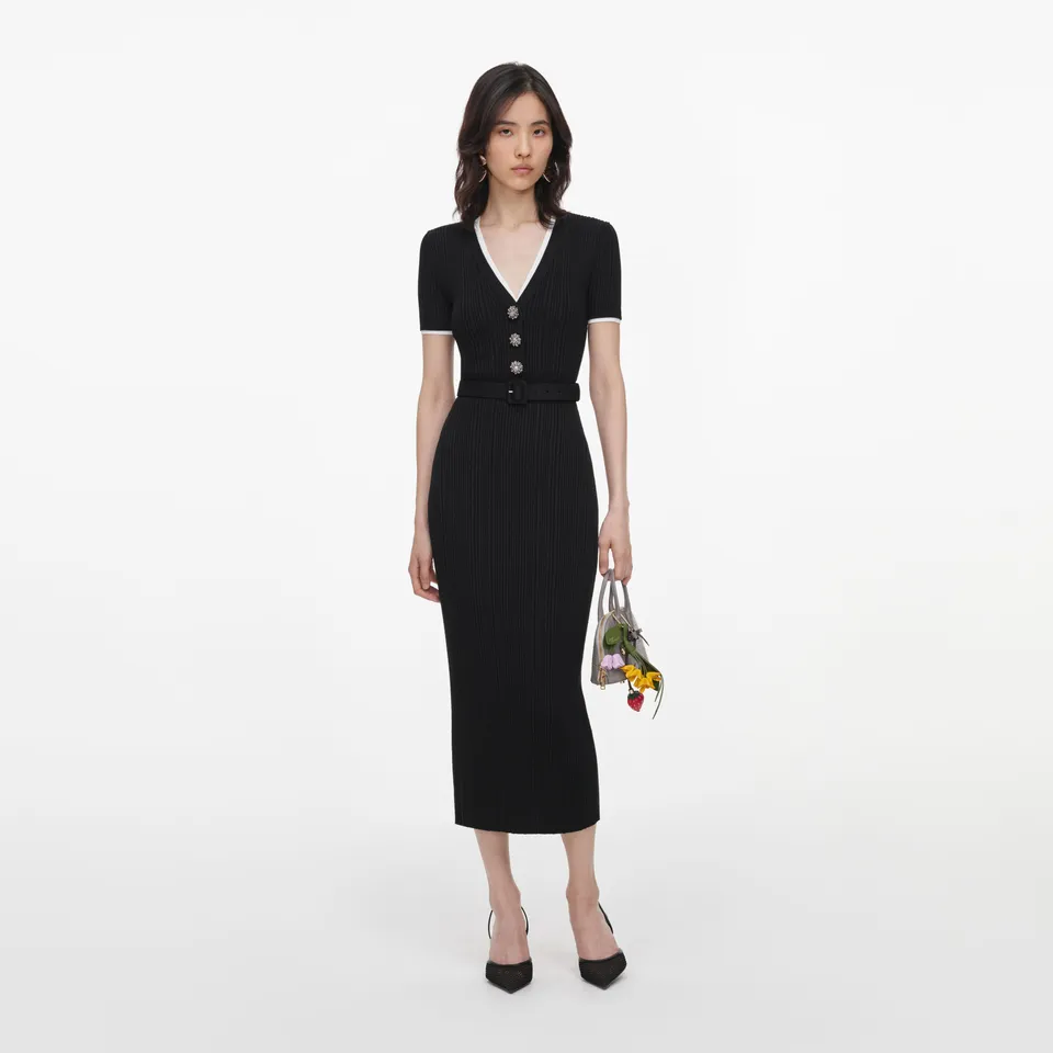 Self Portrait Black Rib Knit Midi Dress Kleid Schwarz Strick