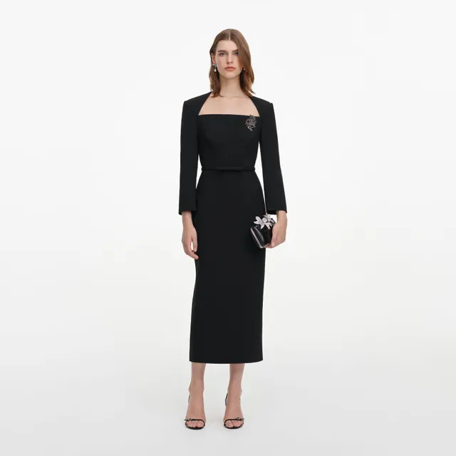 Self Portrait Black Tailored Brooch Midi Kleid Schwarz Wolle
