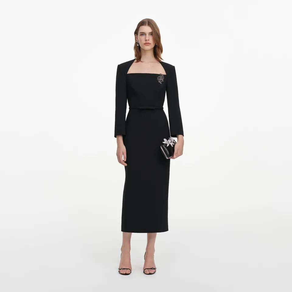 Self Portrait Black Tailored Brooch Midi Kleid Schwarz Wolle