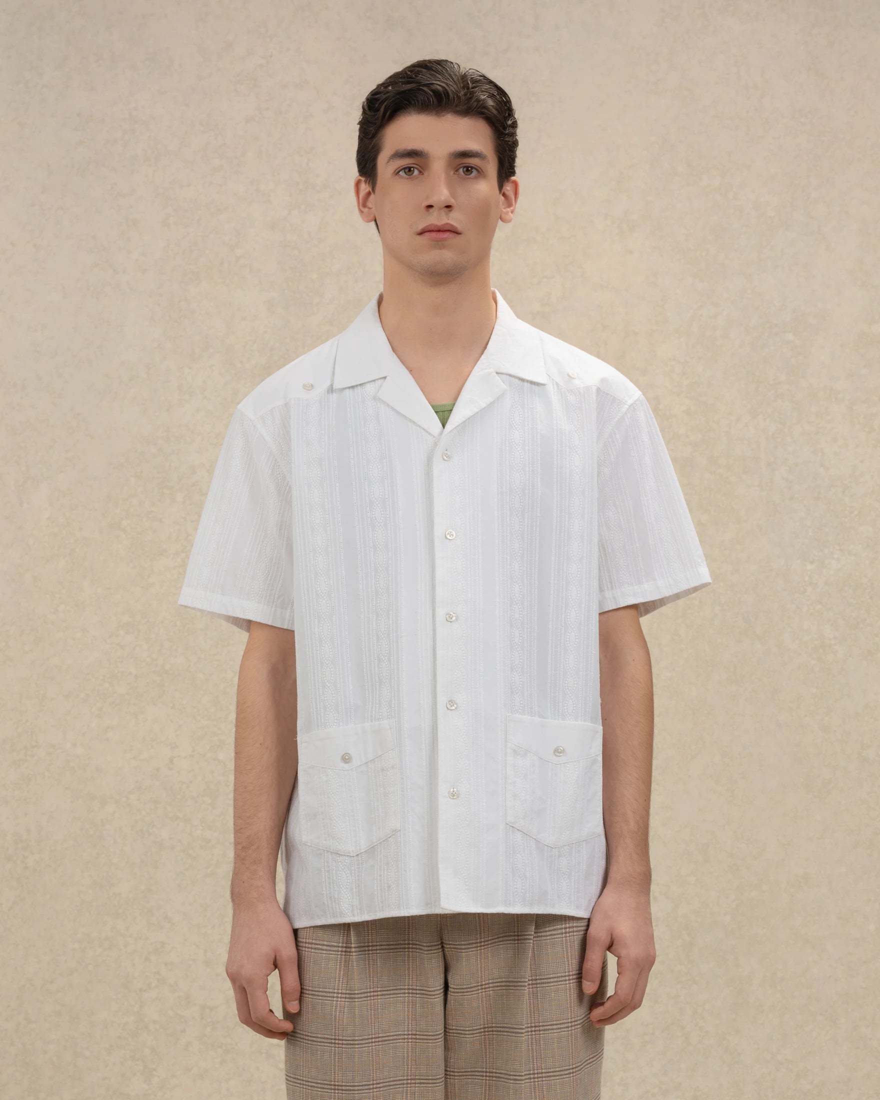 Drôle De Monsieur Chemise Cubaine Coton Hemd Weiß Stickerei