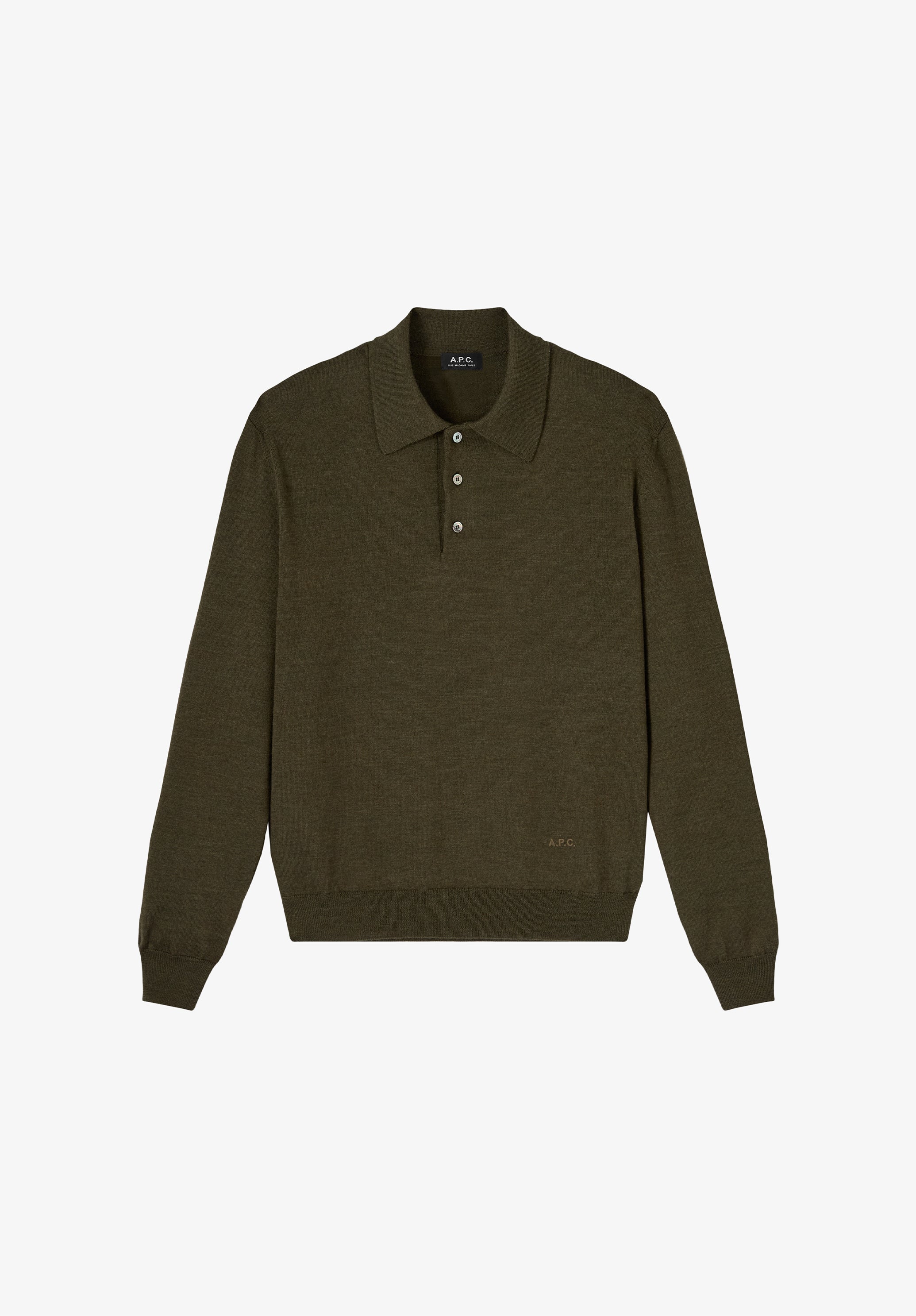 A.P.C. Woll Poloshirt dunkelgrün Langarm Perlmutt