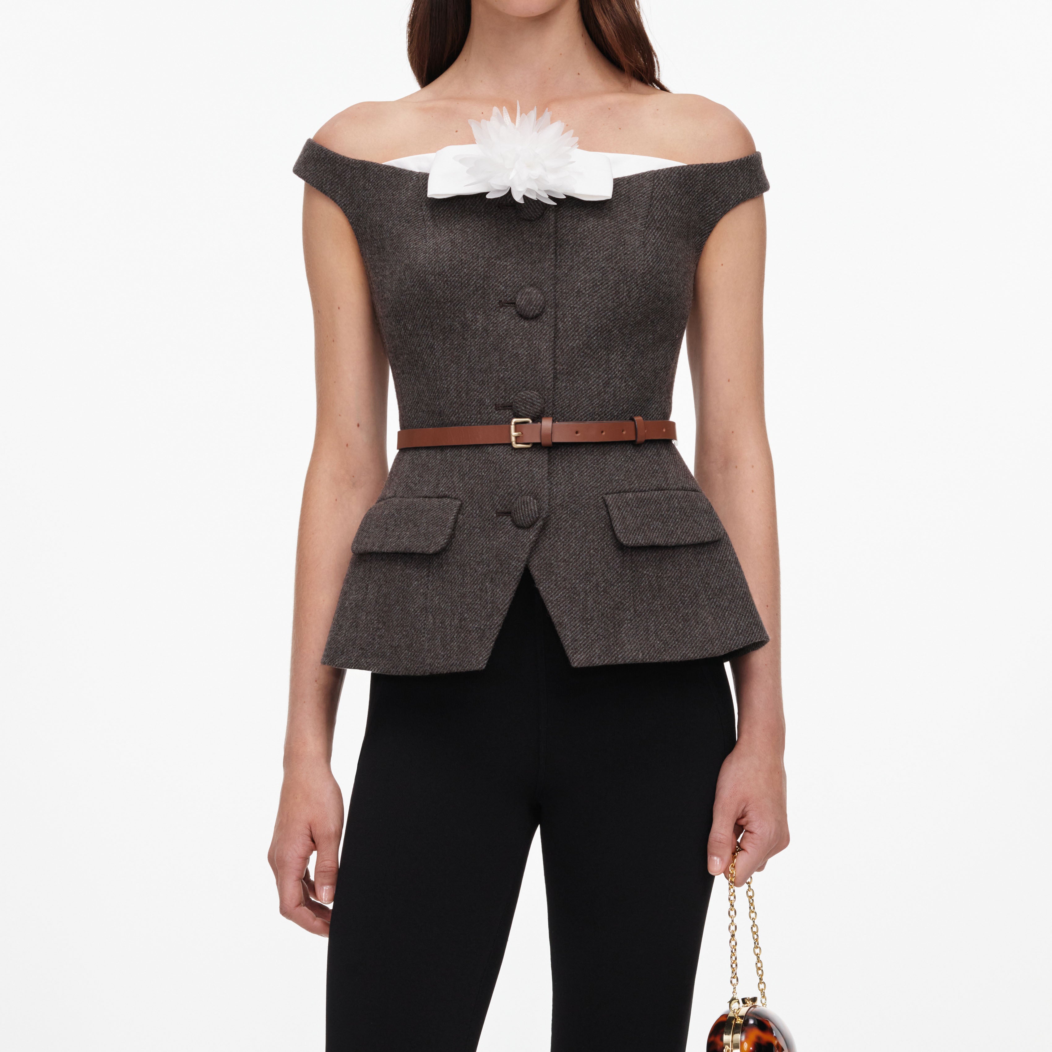 Self Portrait Brown Off Shoulder Top Braun Wolle