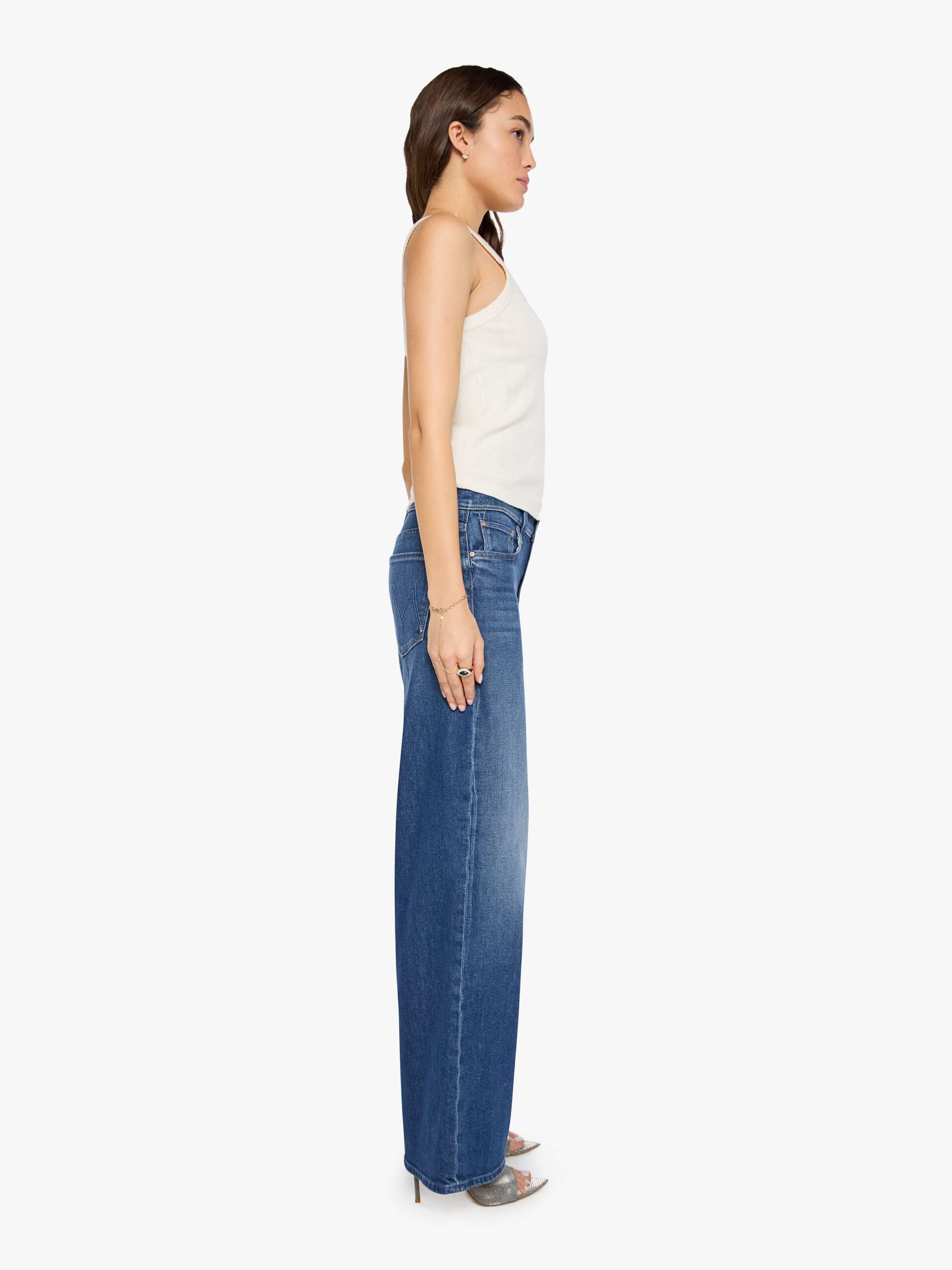 Mother Rerun Zip Sneak Wide Leg Jeans Deluxe Edition mid-blue