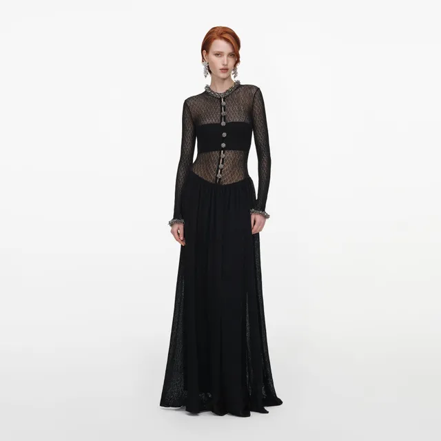 Self Portrait Pointelle Maxi Kleid Schwarz Strass Strick