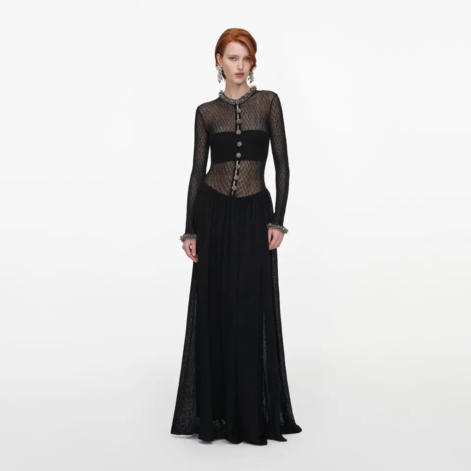 Self Portrait Pointelle Maxi Kleid Schwarz Strass Strick