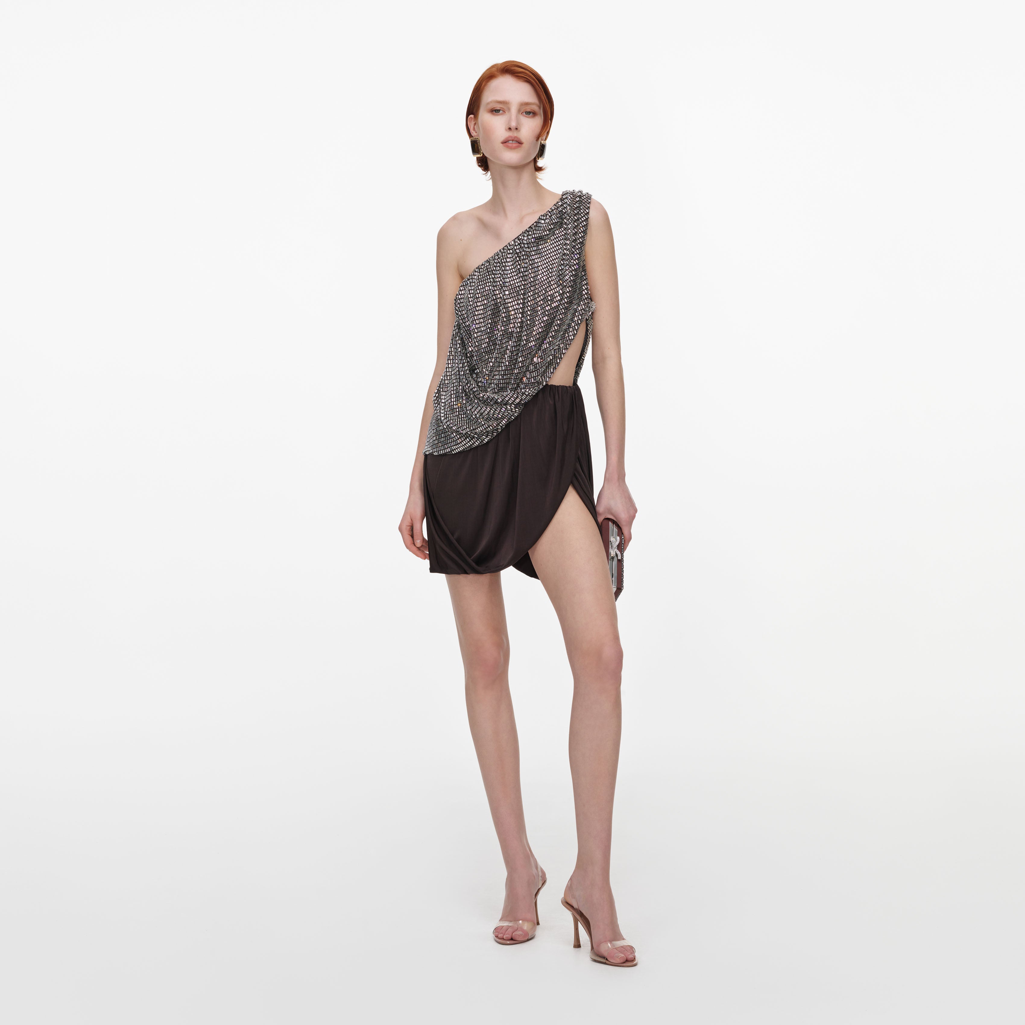 Self Portrait Rhinestone One Shoulder Drape Mini Kleid Braun UK 8