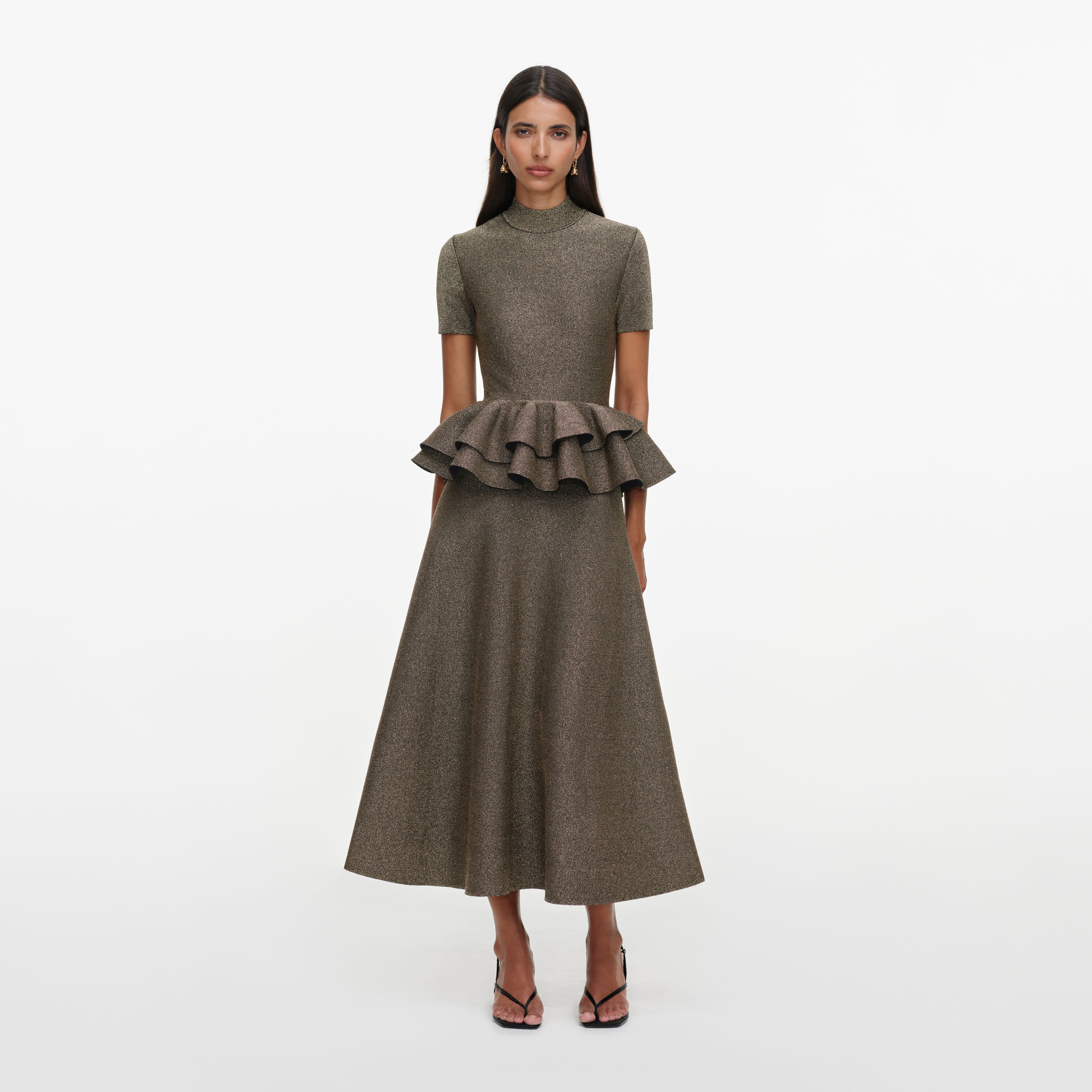 Self Portrait Bronze Peplum Strick Midikleid Metallic