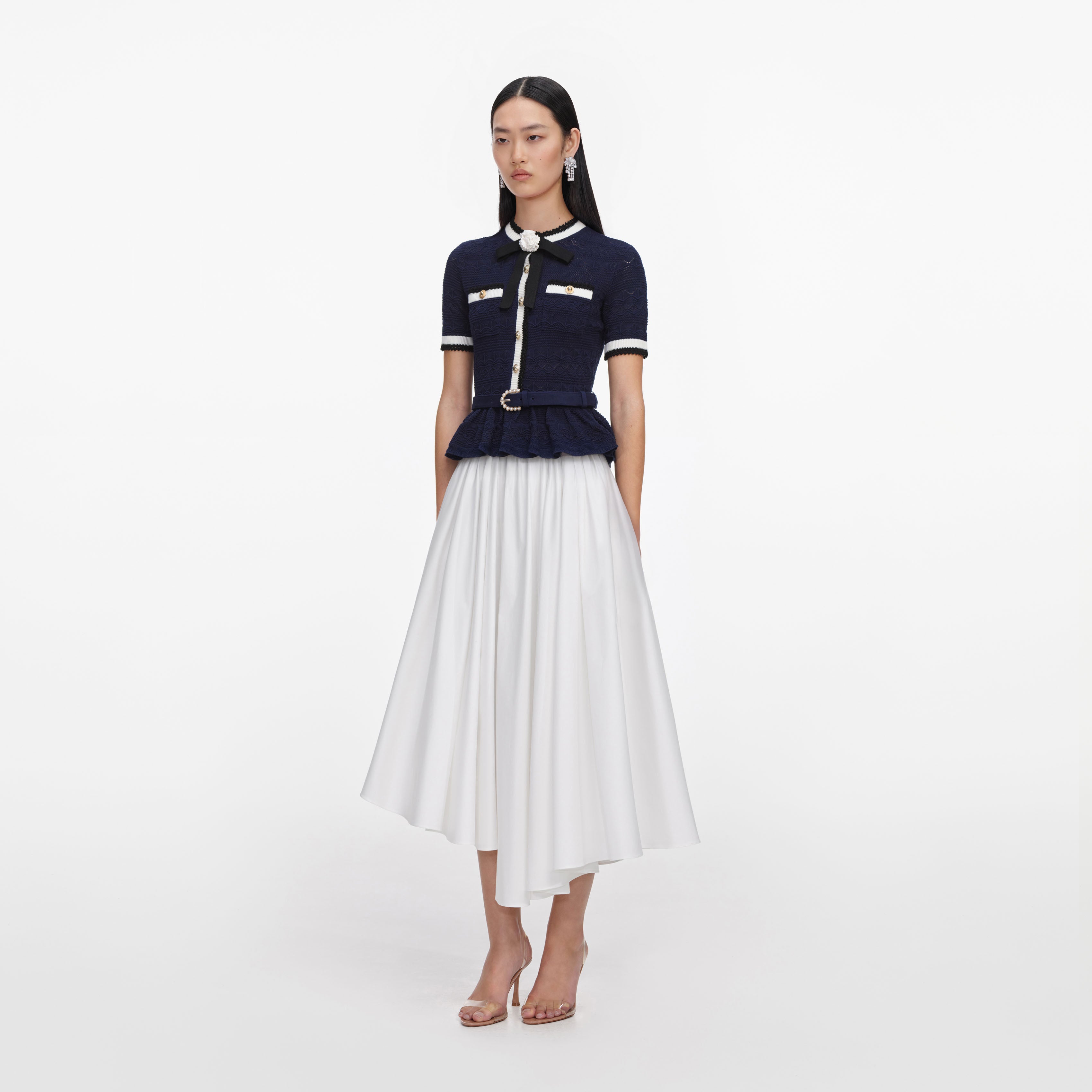 Self Portrait Navy Peplum Pointelle Knit Top Stricktop S