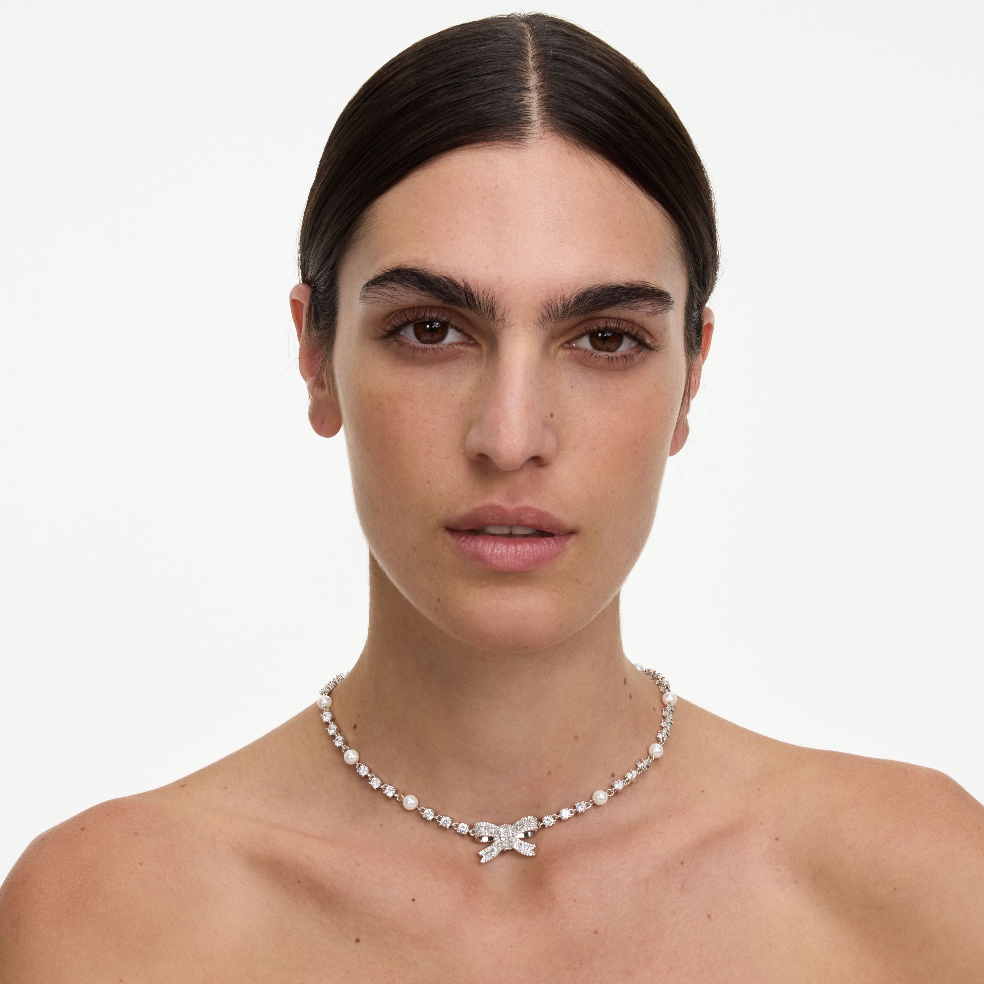 Self Portrait Jewellery Kette Silber Kristall Perle Bow