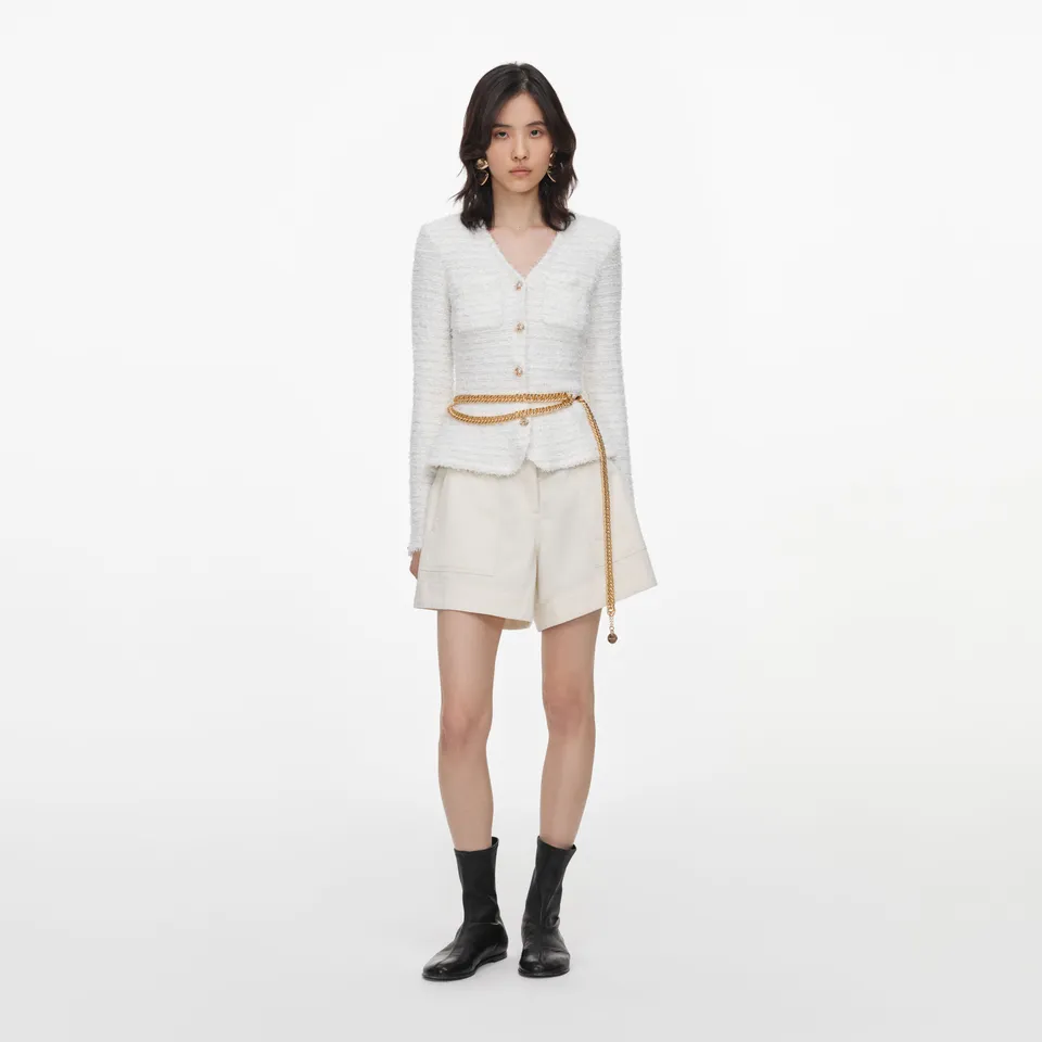 Self Portrait Cream Textured Knit Cardigan Creme S