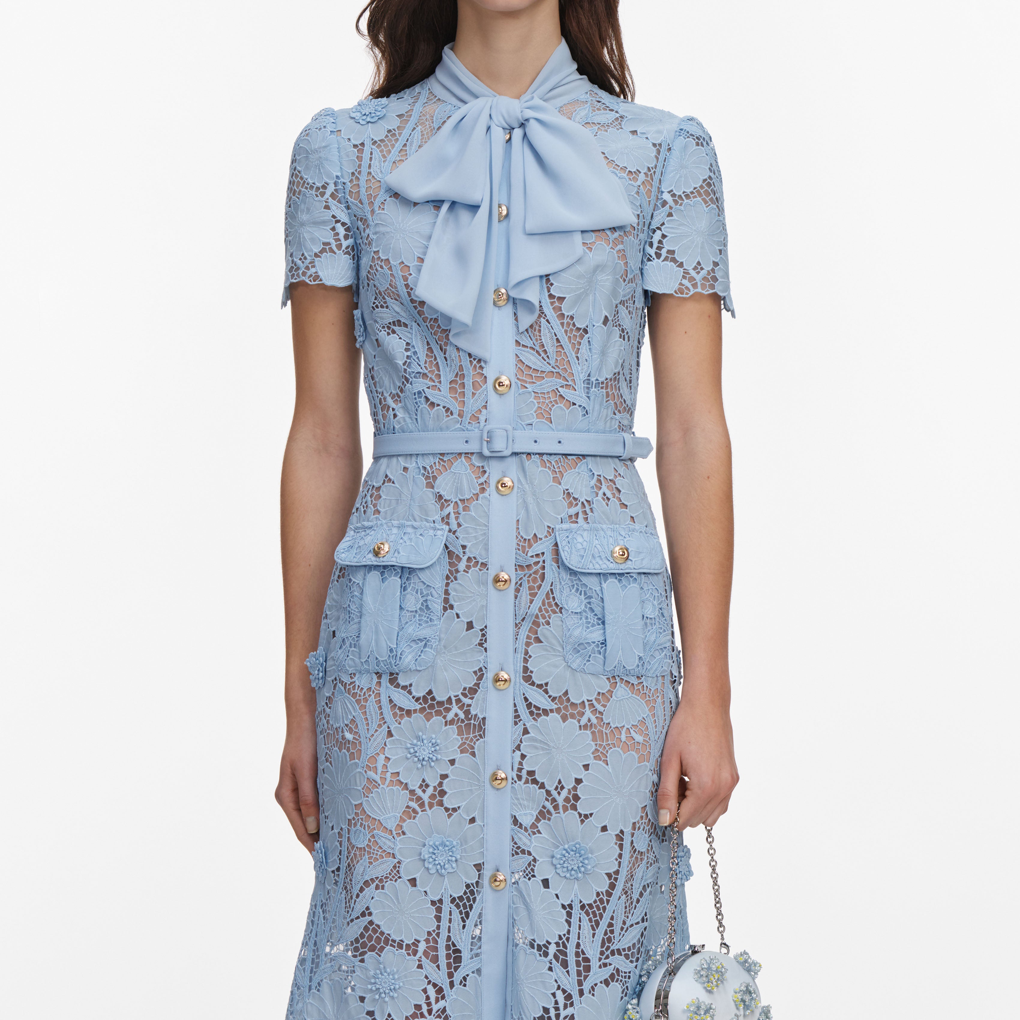 Self Portrait Blue Lace Tie Neck Midi Dress Kleid Hellblau UK 6