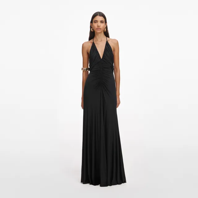 Self Portrait Black Jersey Gathered Maxikleid Schwarz UK 8
