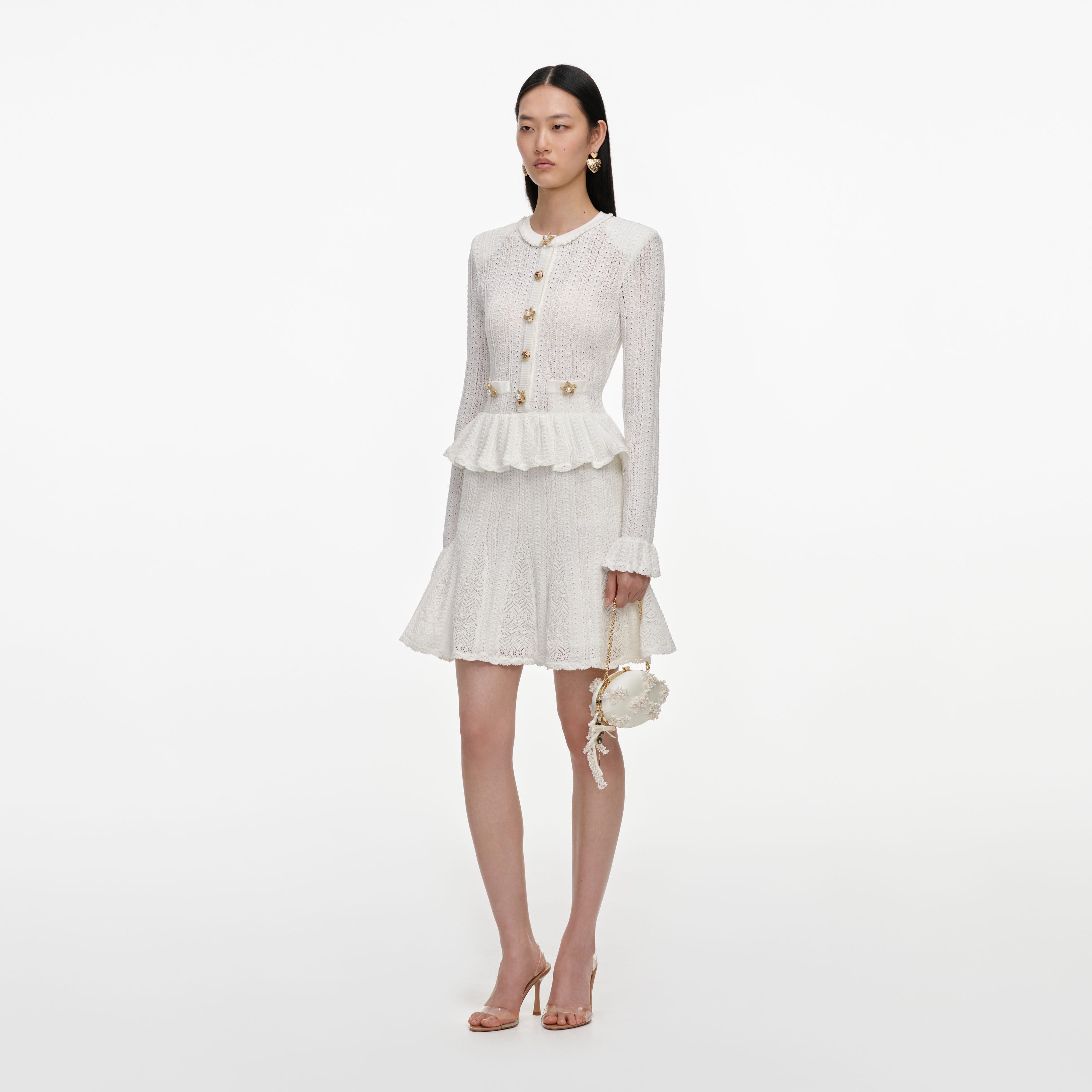 Self Portrait White Pointelle Peplum Strick-Minikleid