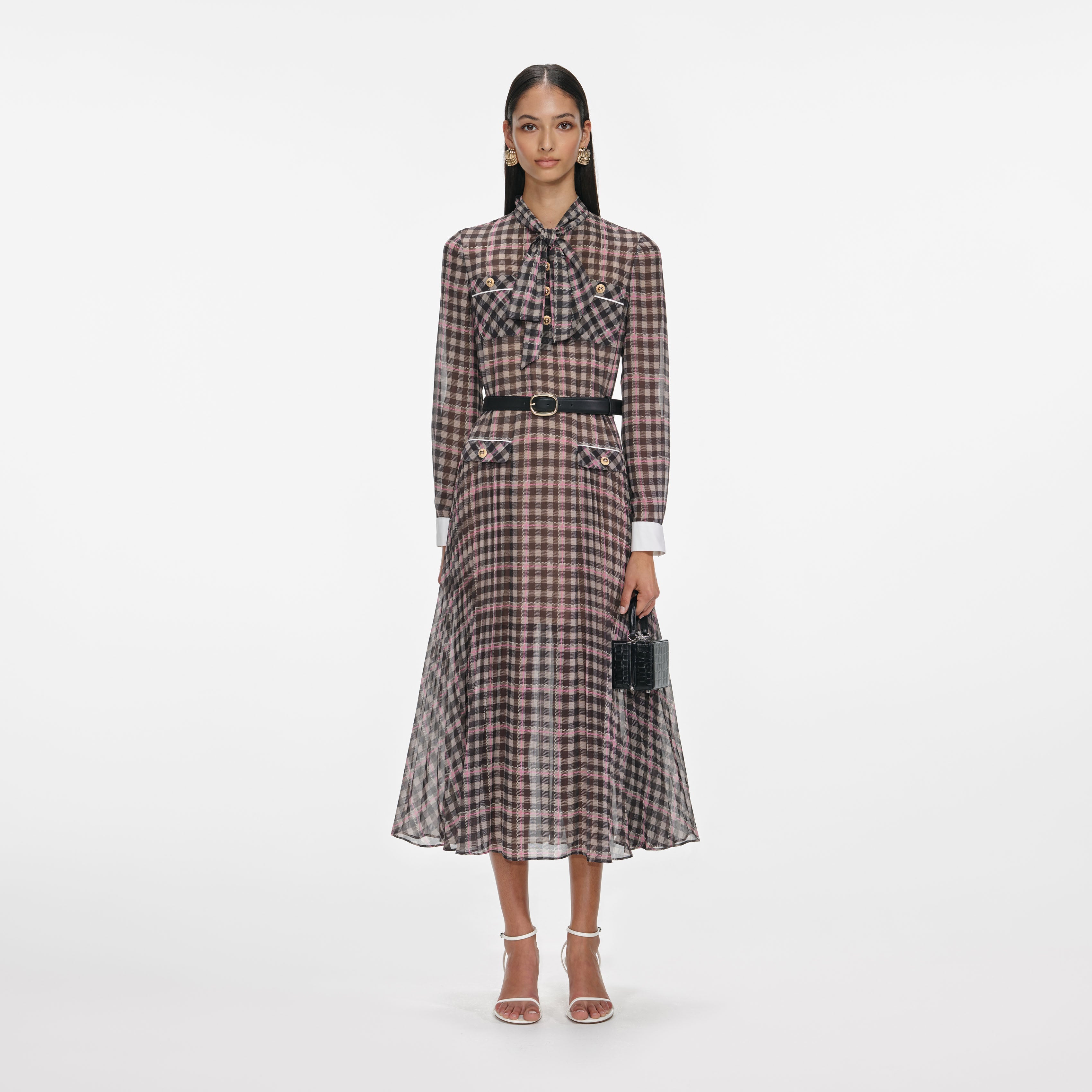 Self Portrait Brown Check Chiffon Midi Kleid Braun