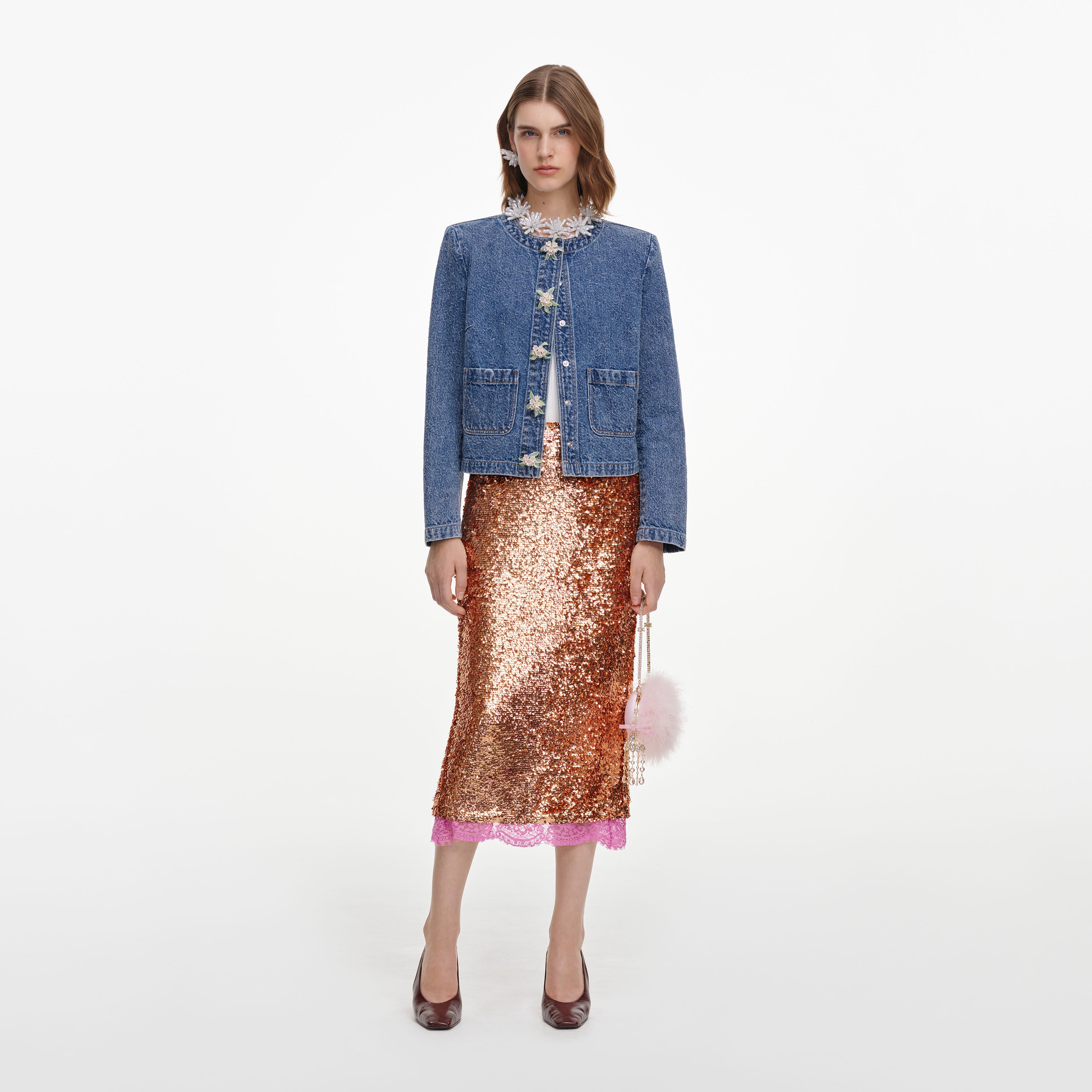 Self Portrait Textured Denim Jacket Jeansjacke blau
