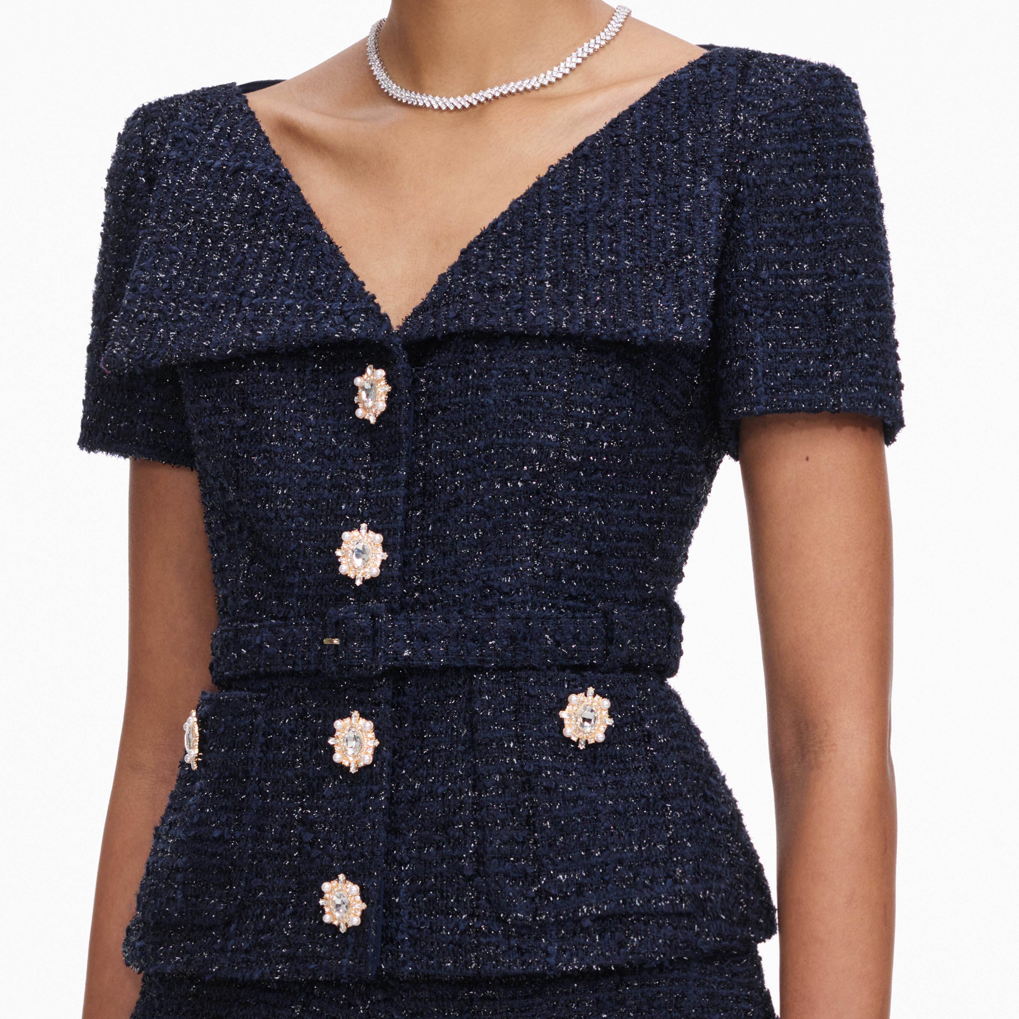 Self Portrait Boucle Midikleid Navy Diamante-Knöpfe Taschen