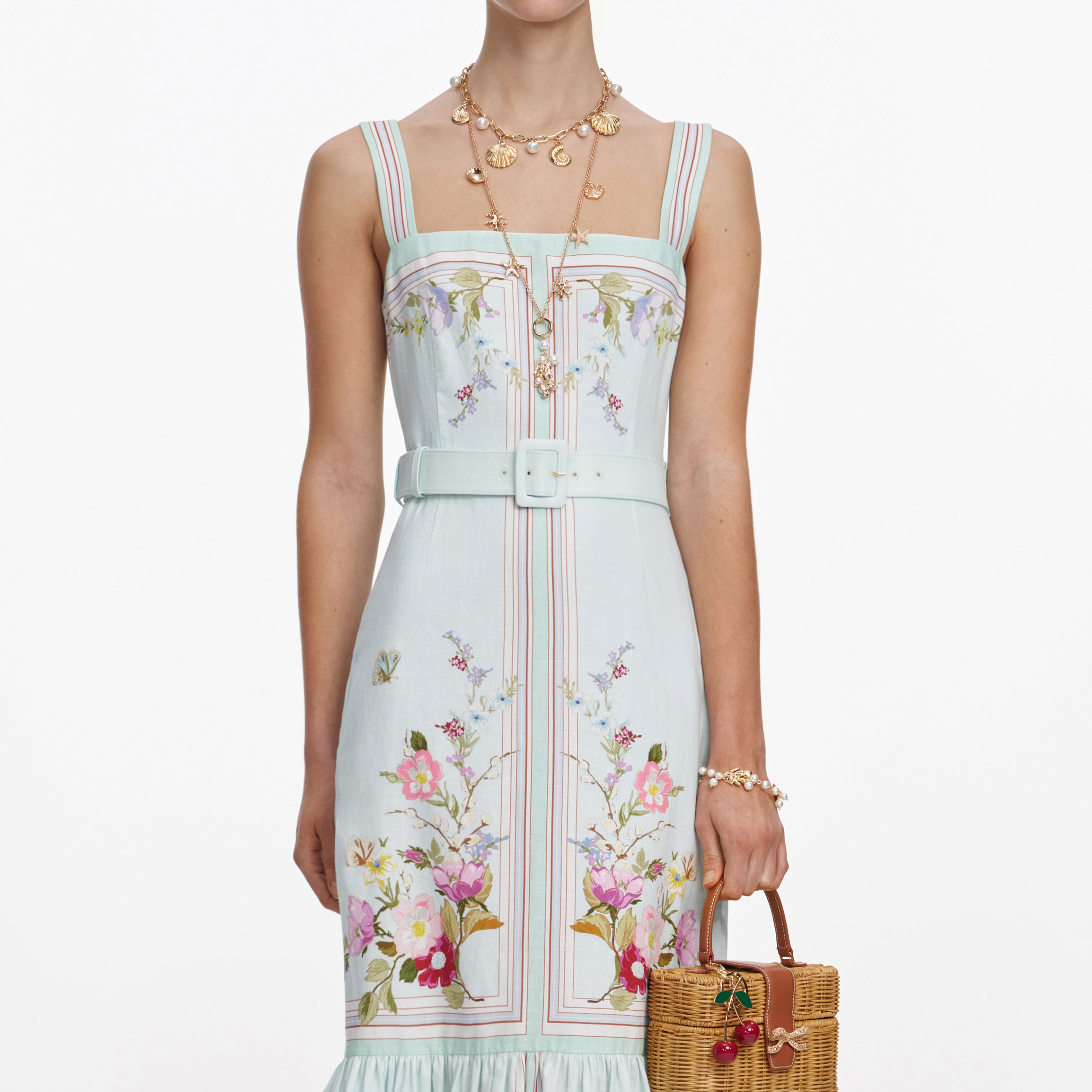 Self Portrait Floral Midi Kleid Mint Leinen Blumen