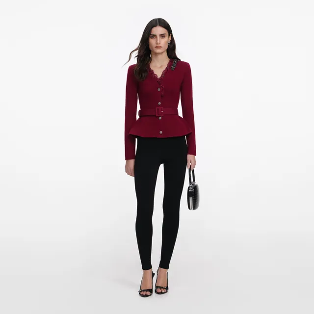 Self Portrait Knitwear Burgundy Crystal Trim Cardigan Strickjacke S