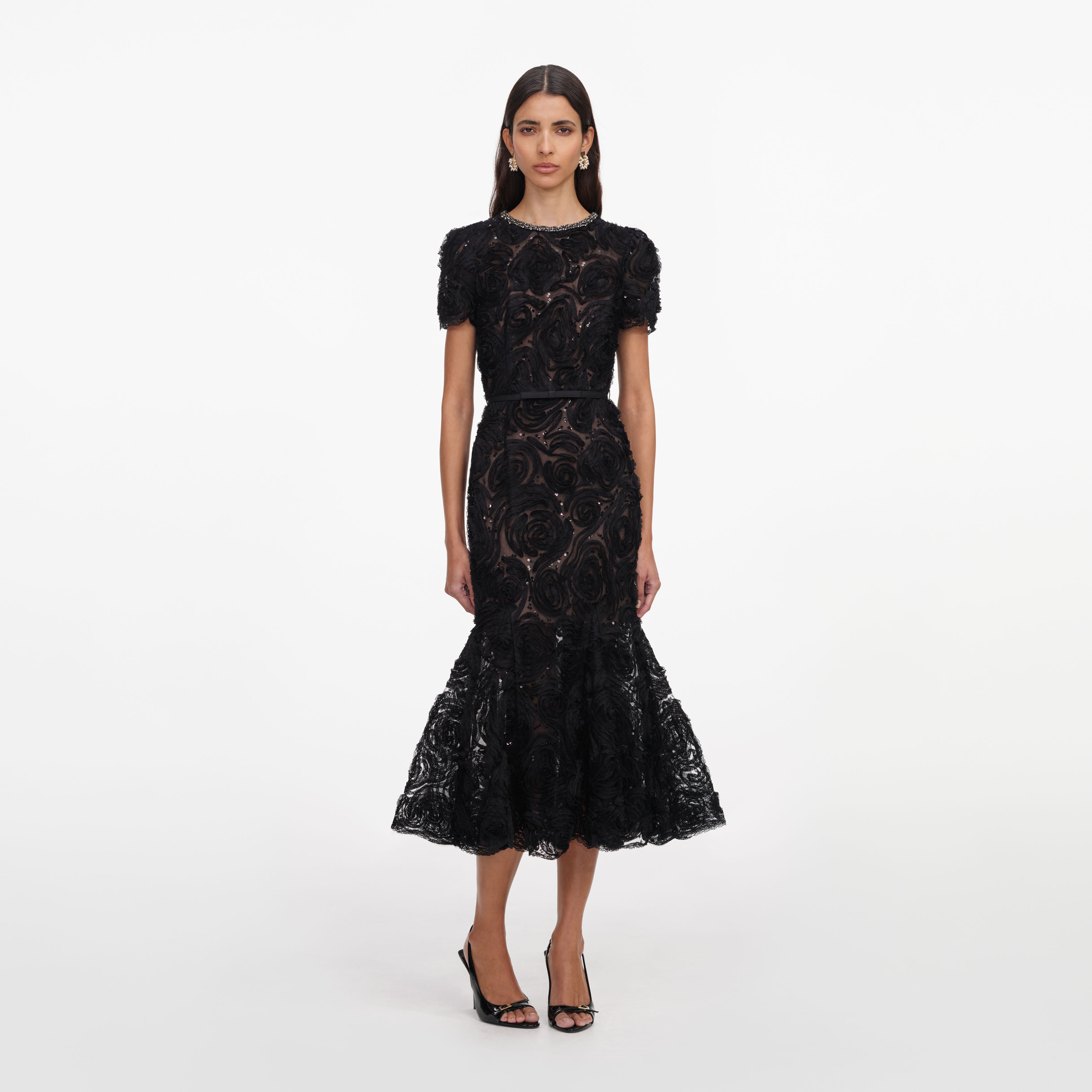 Self Portrait Kleid Schwarz Tüll Spitze Midi Pailletten