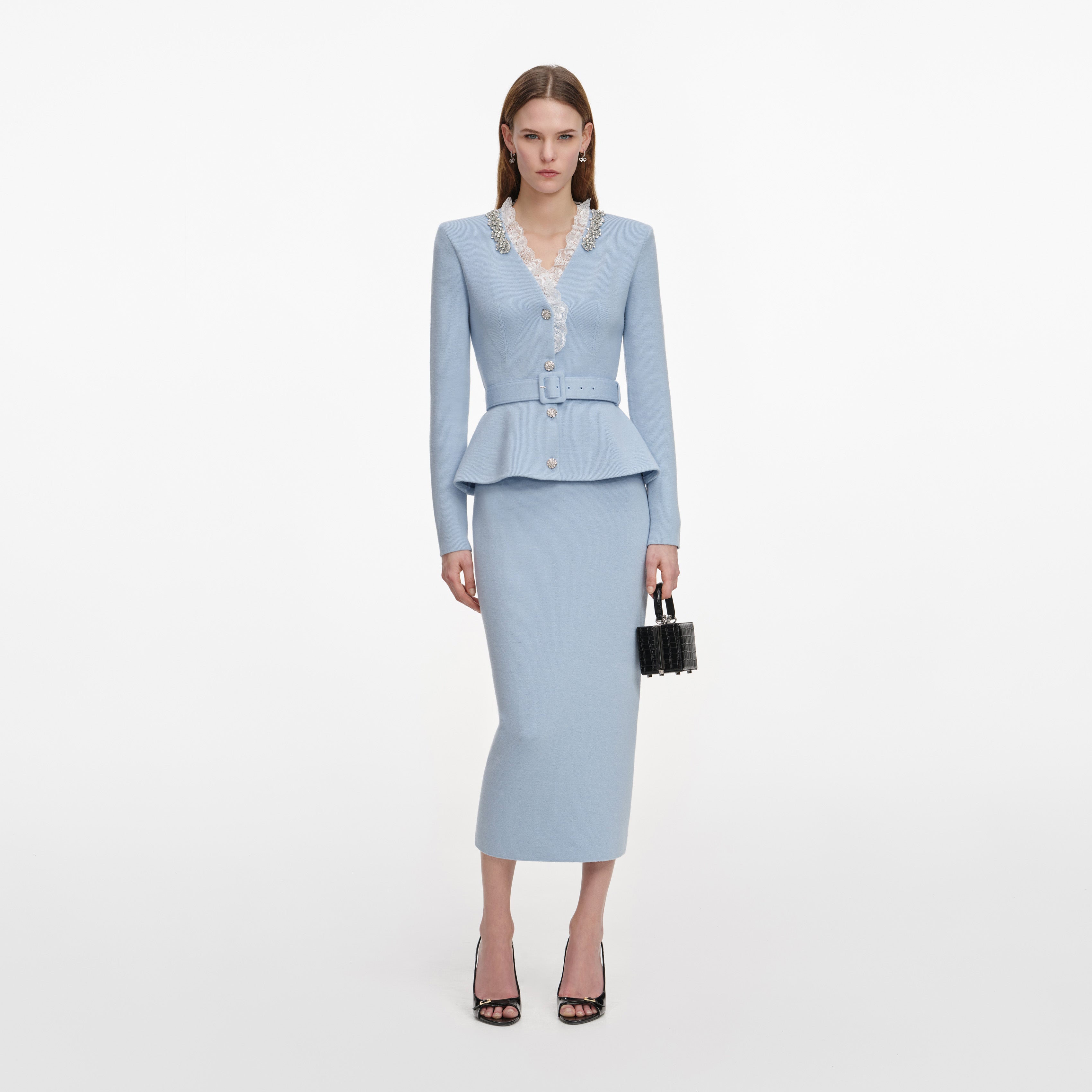Self Portrait Blue Crystal Trim Knit Midi Dress Strickkleid blau