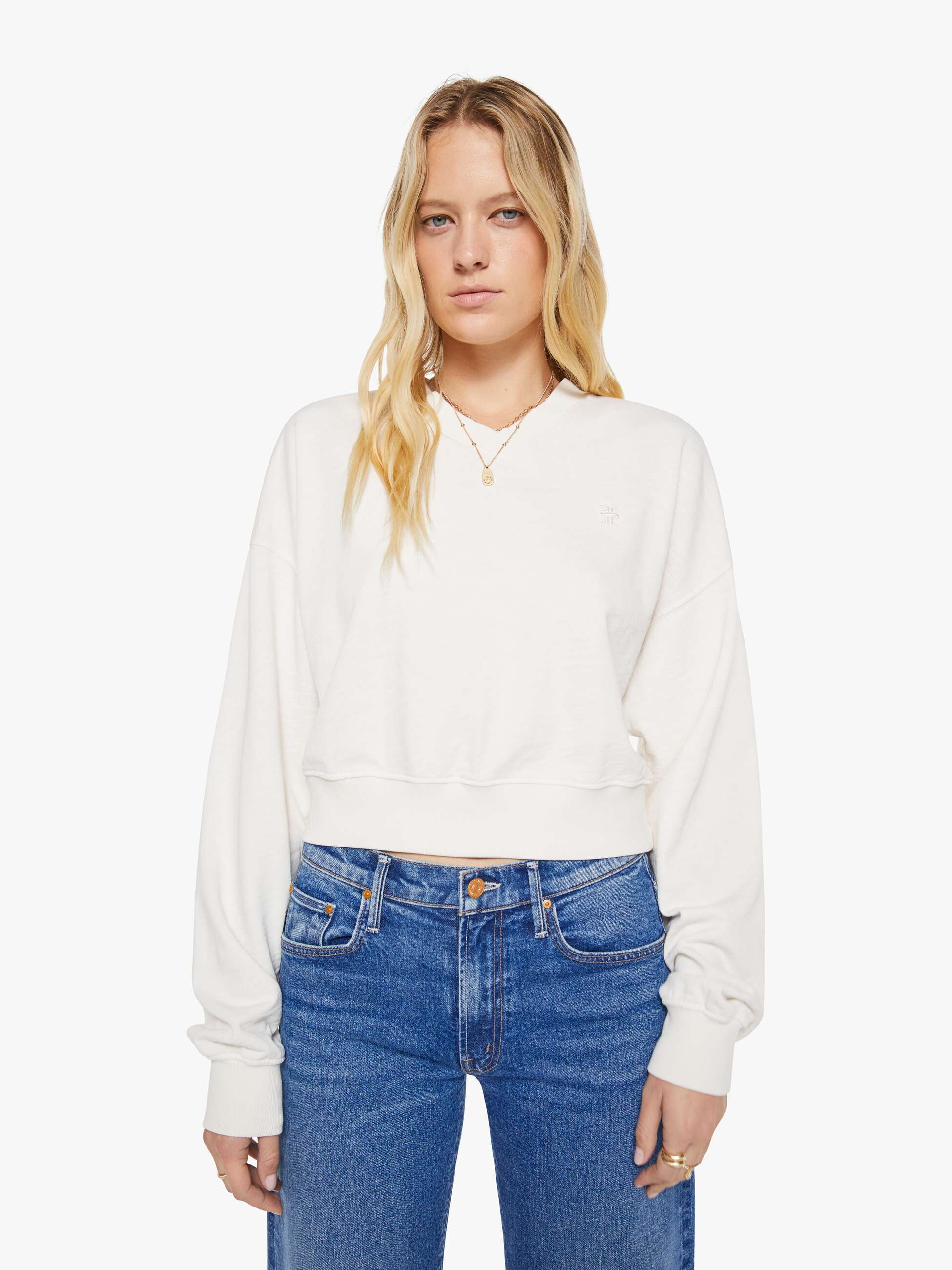 Eterne Cropped V-Neck Sweatshirt Bone Weiß Baumwolle