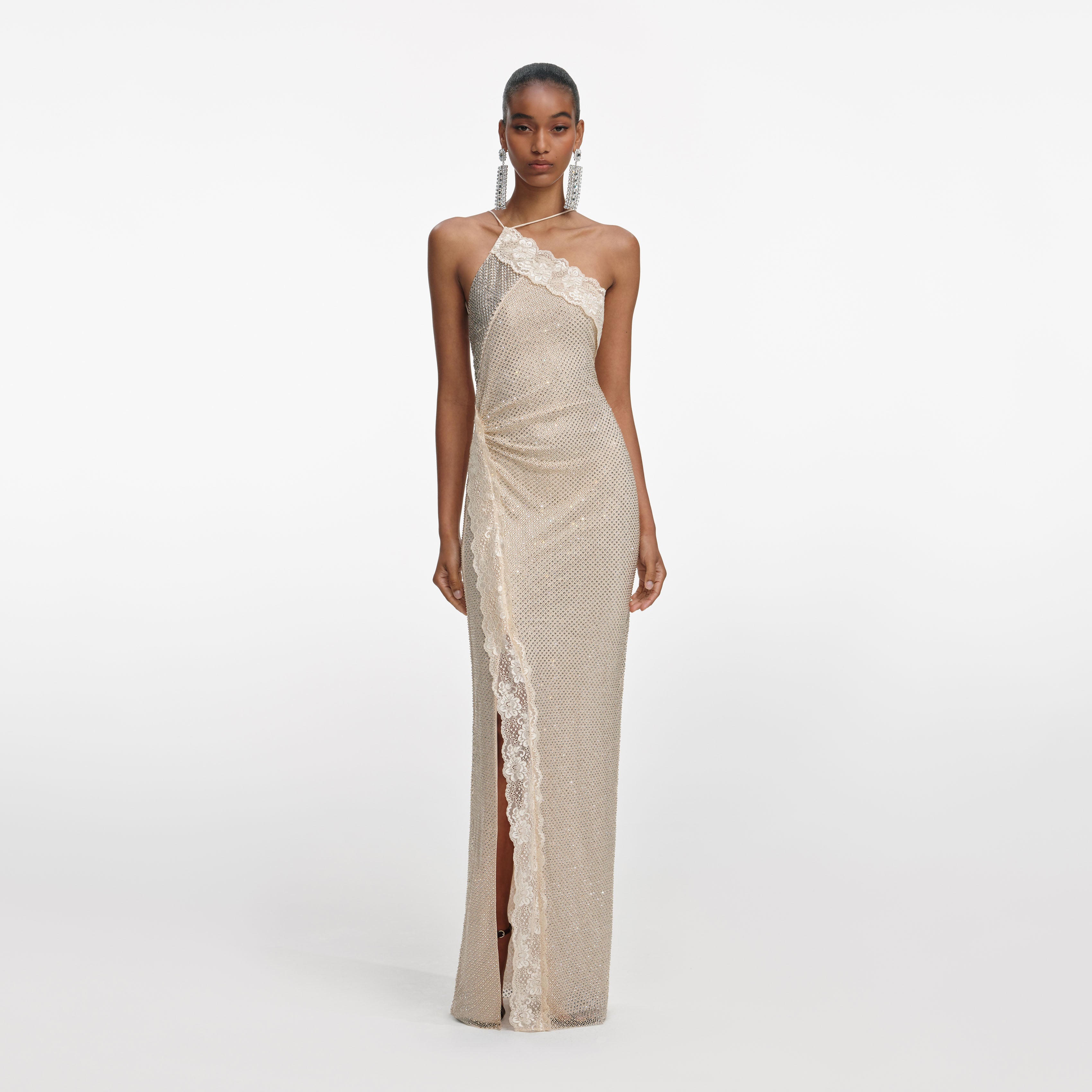 Self Portrait Champagne Rhinestone Maxi Kleid Strass Spitze