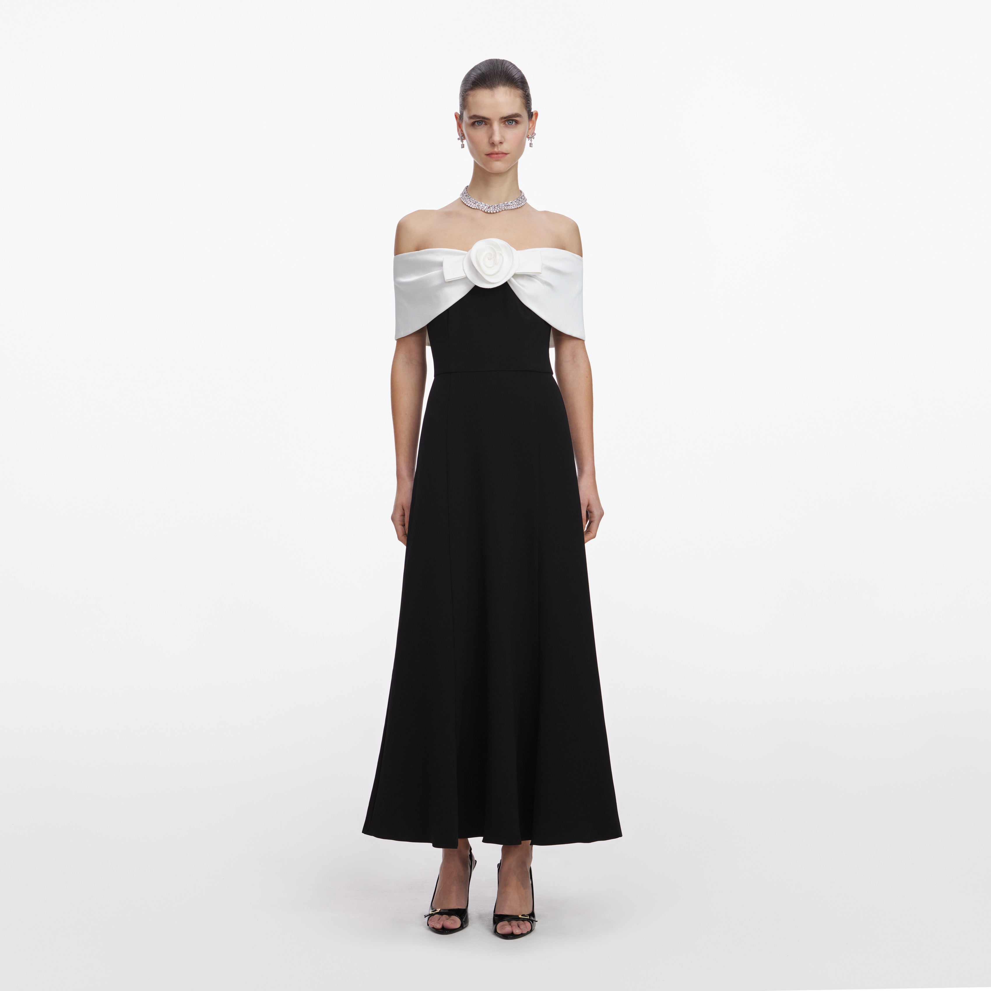 Self Portrait Dresses Flower Midi Kleid Schwarz Crepe Fit-Flare