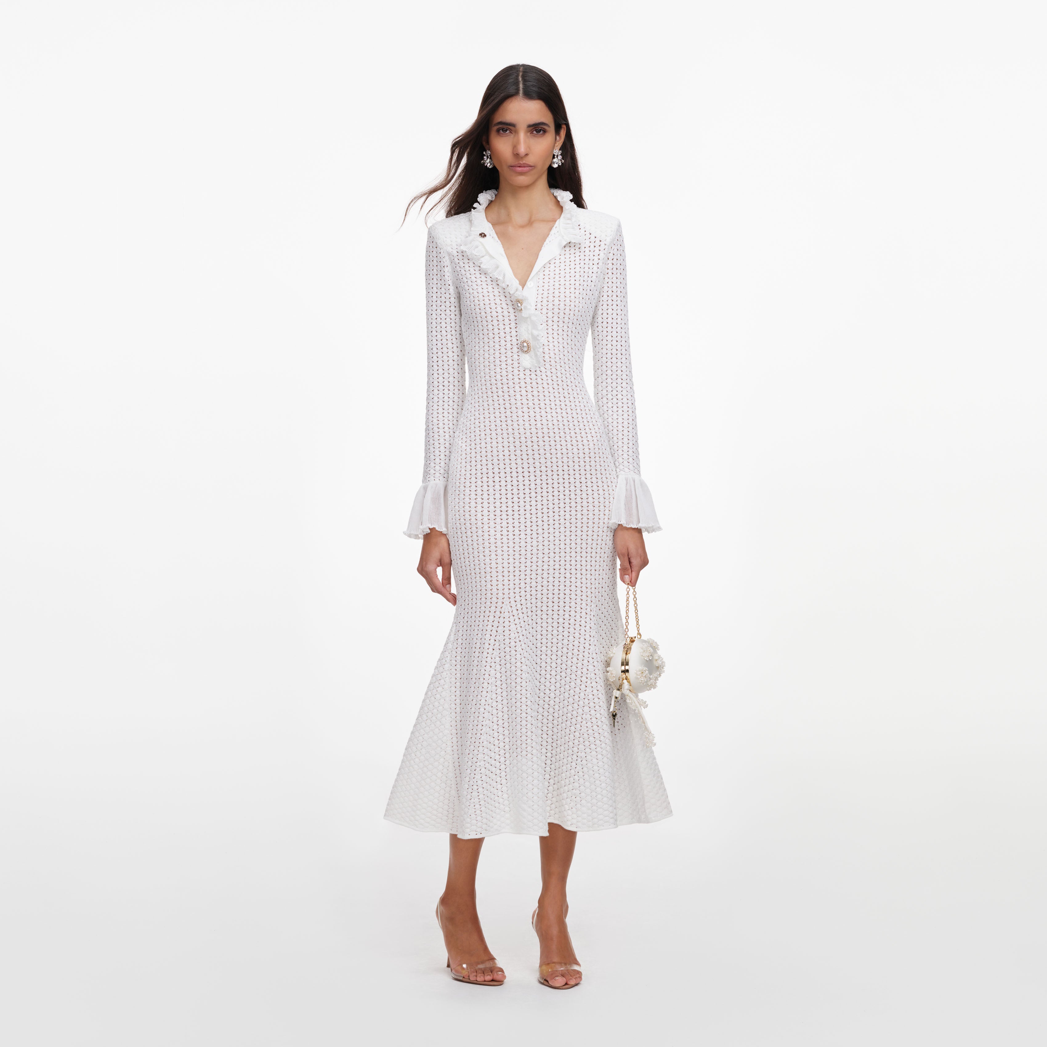 Self Portrait White Pointelle Knit Flare Midi Kleid Weiß S Stretch